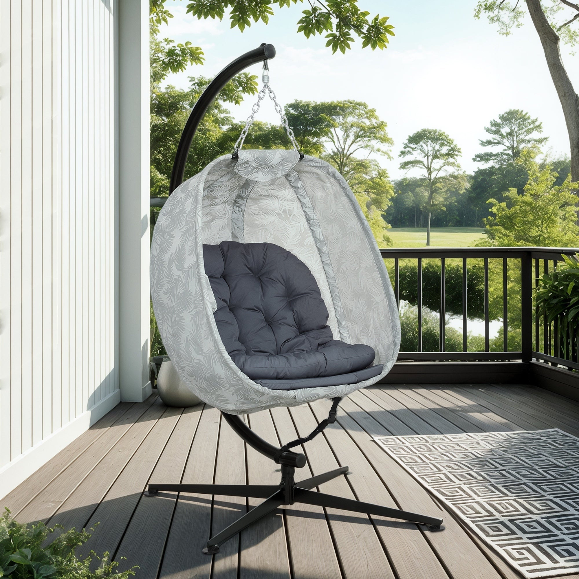 Hanging Egg Chair Folding Swing Chair with Stand, Thick Cushion, Cup Holder, Grey