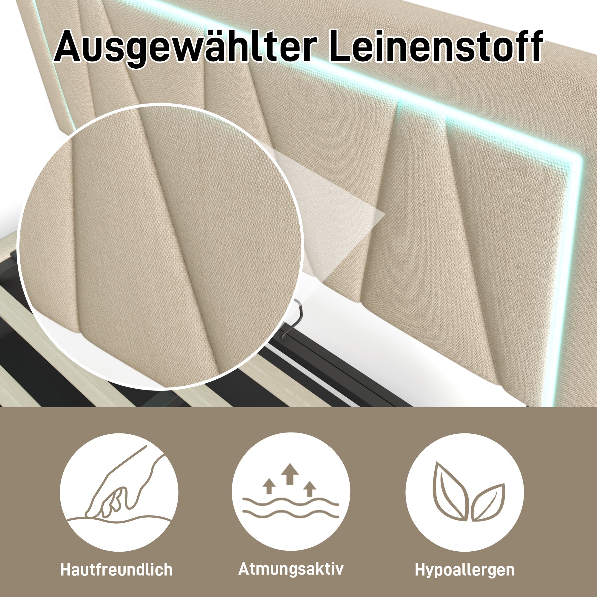 Upholstered Bed 160x200 LED USB-C Storage, Linen