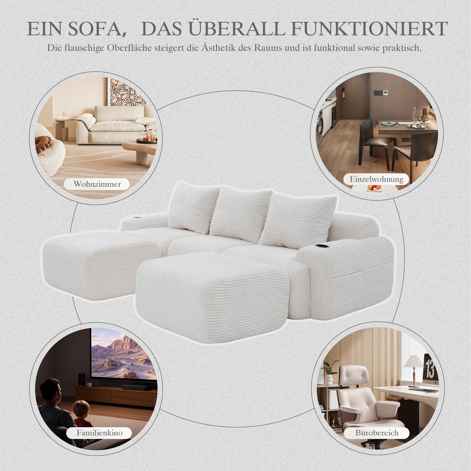 3-Seater Modular Corduroy Sofa with 2 Ottomans, Cup Holders and Storage Pocket, Beige