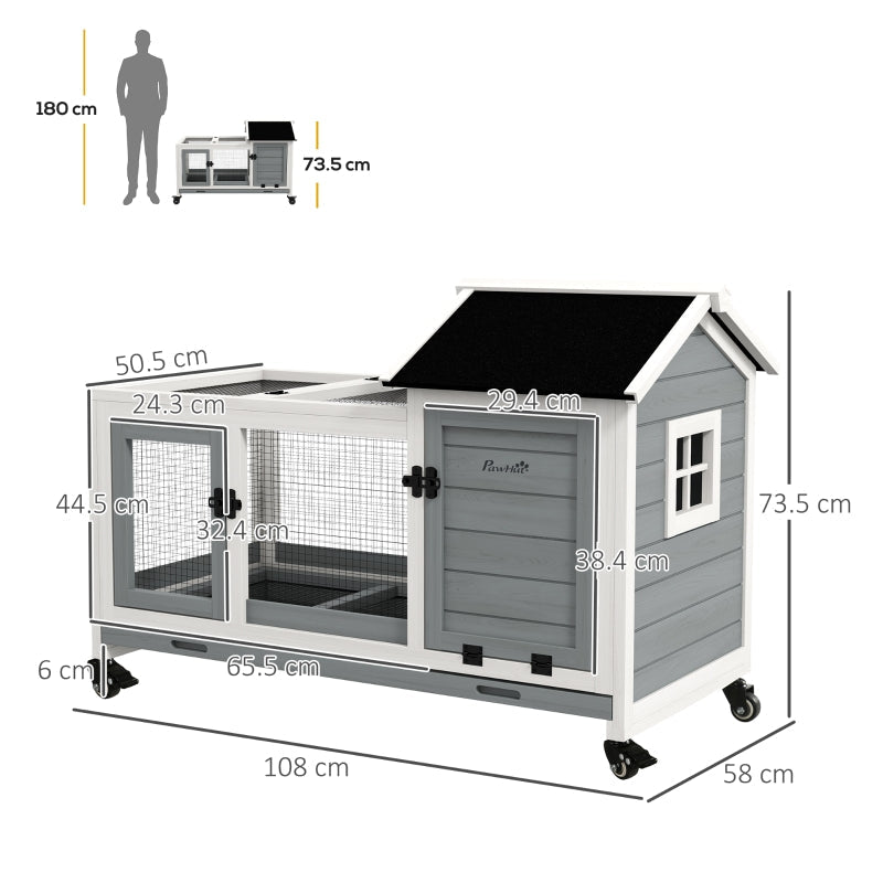 Rabbit Hutch, Guinea Pig Cage, Removable Tray, Wheels - Grey
