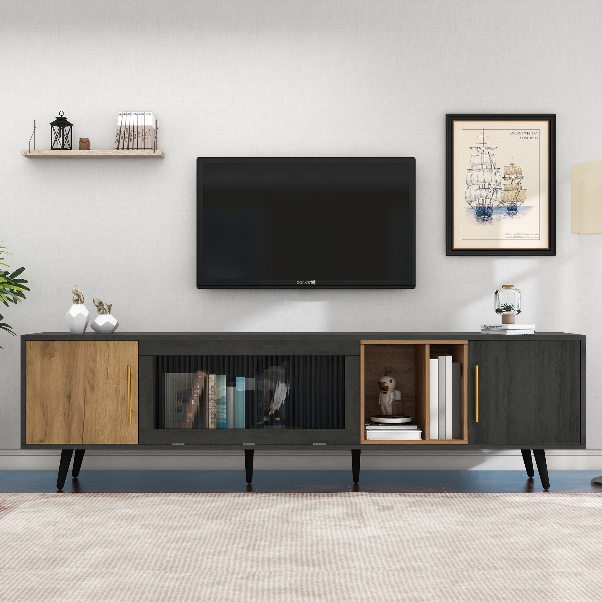 TV Cabinet 200cm for 90-inch TV - Dark Wood/Grey Grain