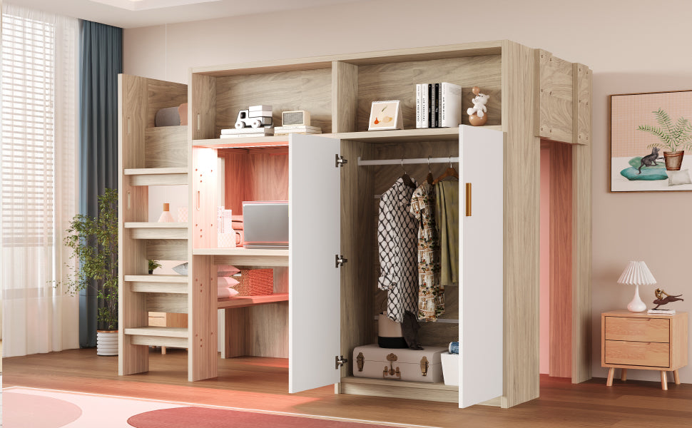 Multifunctional Loft Bed with Desk, Wardrobe, Shelf and LED Lighting, Wood Color
