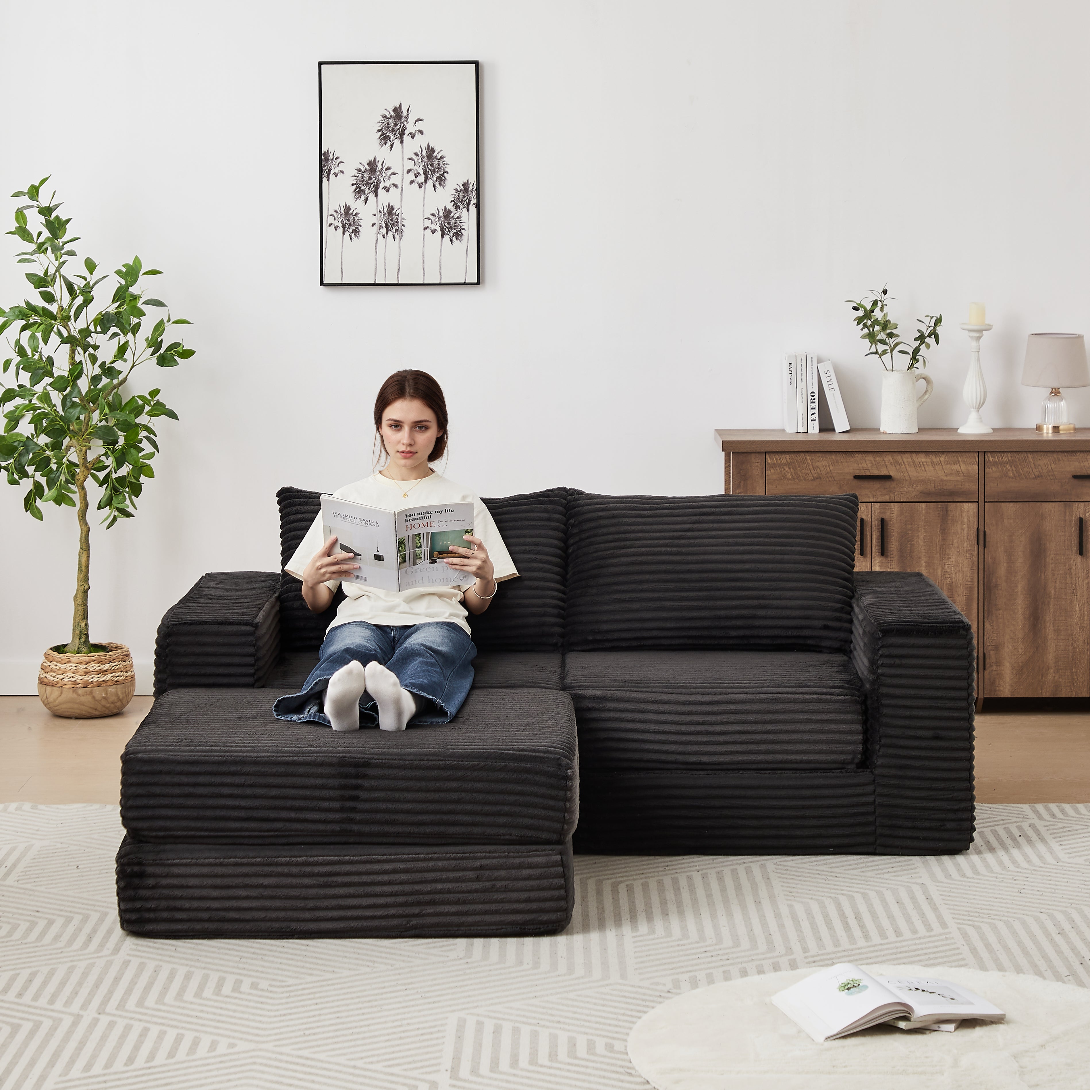 Corduroy 2-in-1 Sofa Bed with Removable Footstool and Modular Design, Corduroy