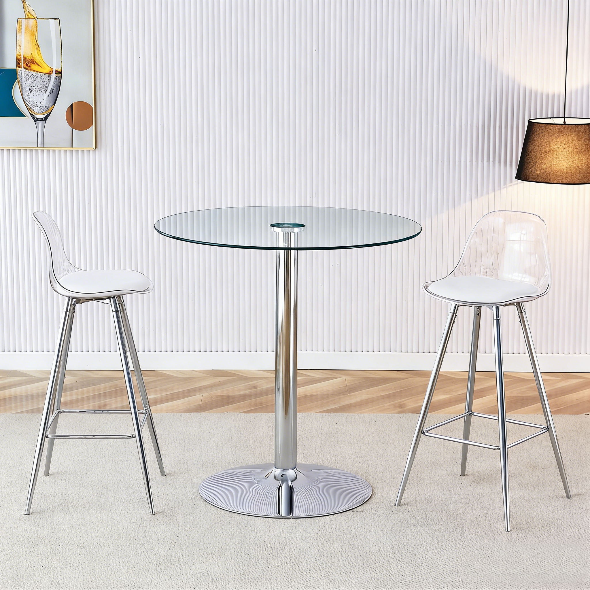 Flexible Bar Set Round Glass Table 89cm 2 Stools - Glass/Silver Legs