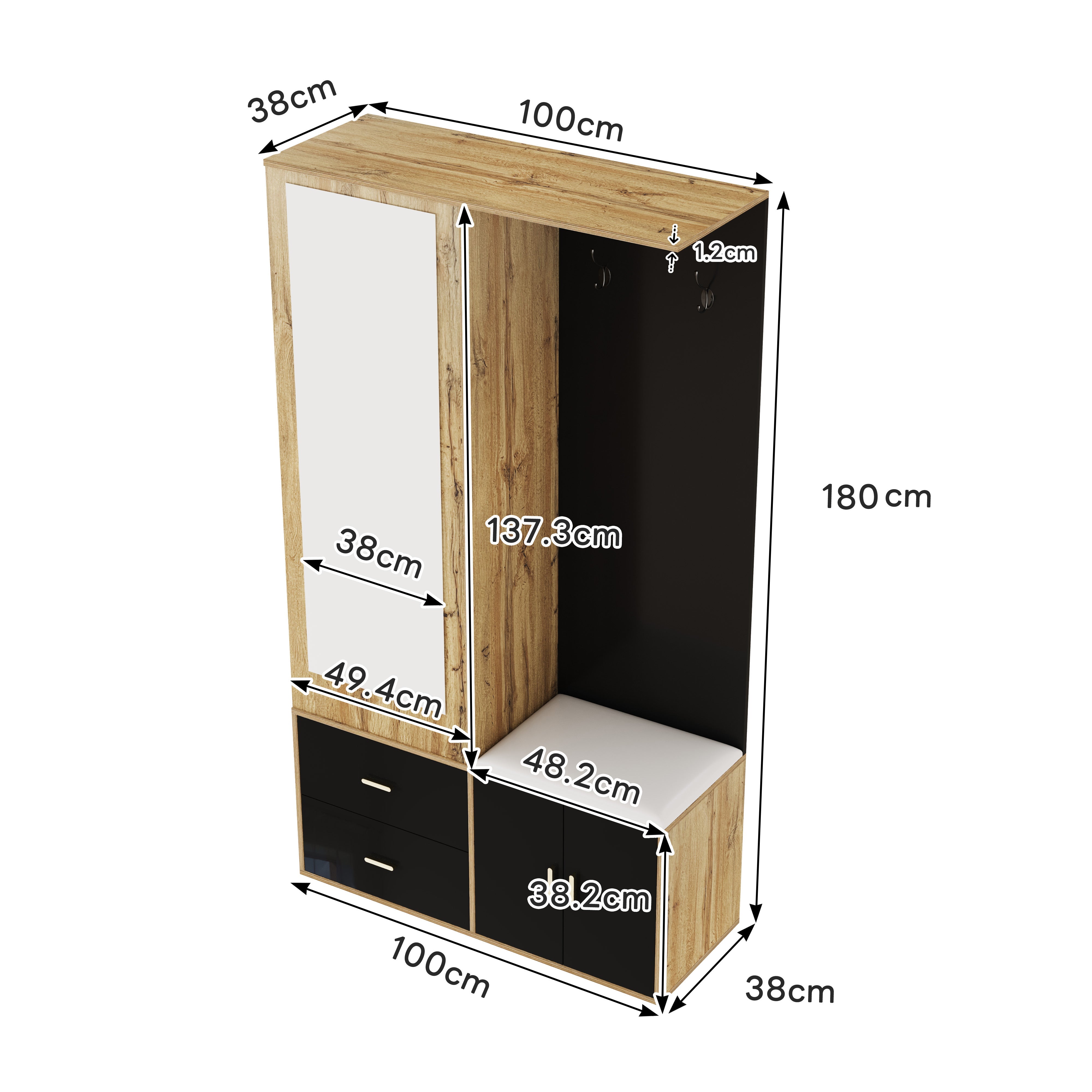 Wardrobe Set with Mirror, Shoe Cabinet & Bench, Black and Wood