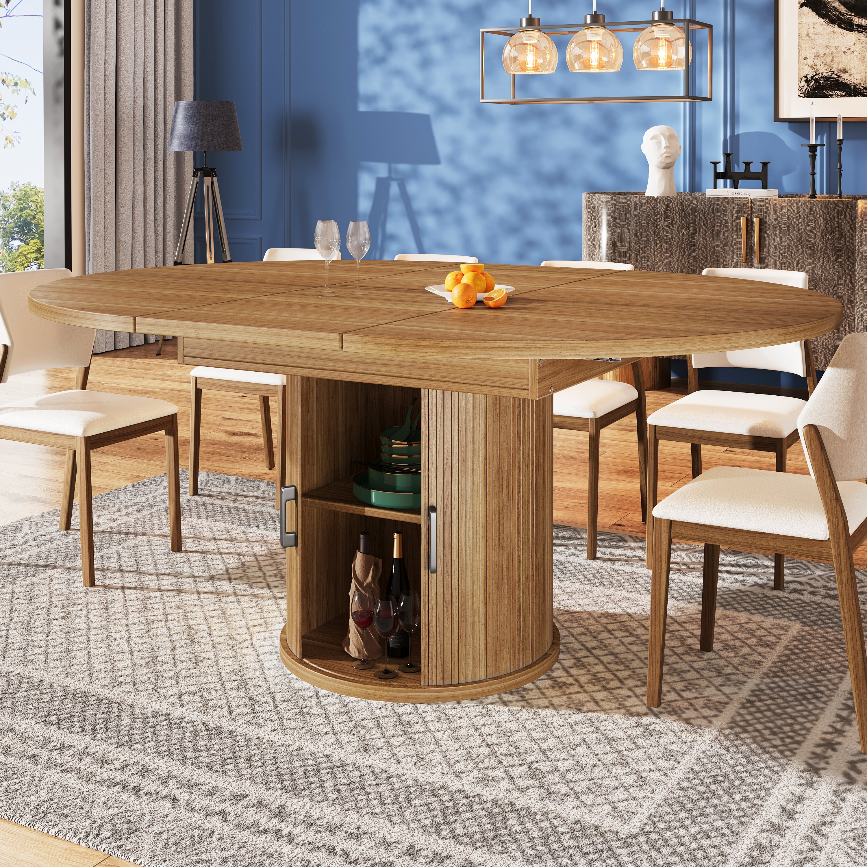 Extendable Dining Table Round/Oval 118-158 cm Seats 6 Walnut/Black