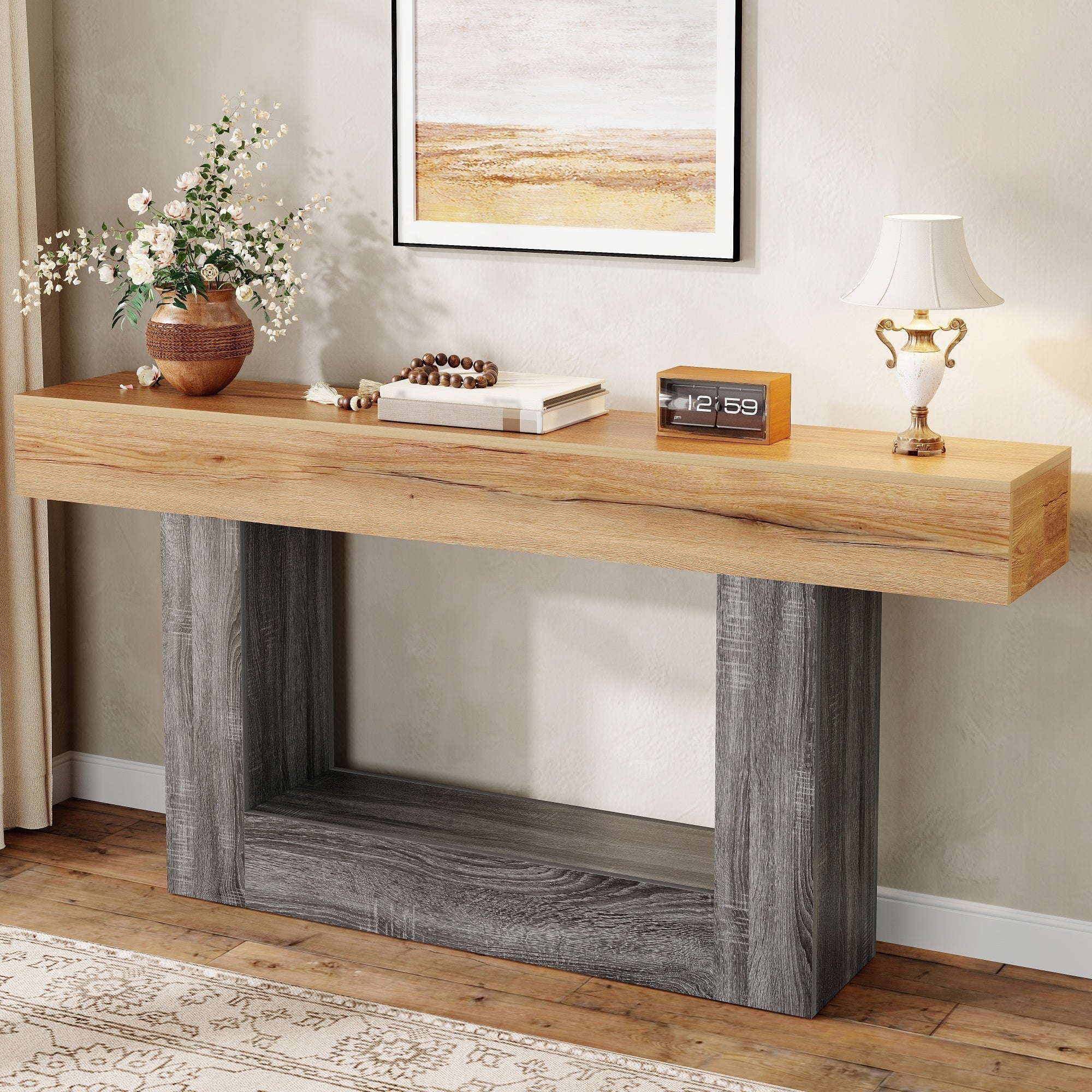 Two-Tone Console Table with Storage Shelf and Thick Tabletop, Wood Look Chipboard