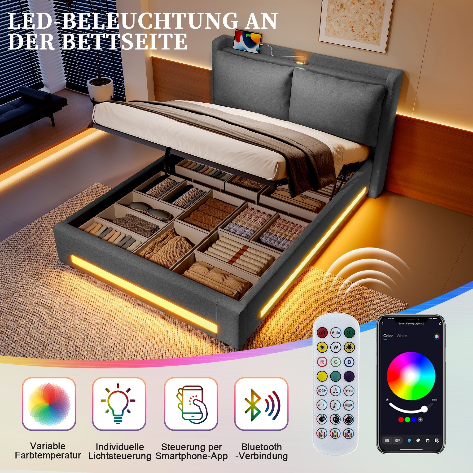 Upholstered Bed 160x200cm with Stylish Headboard, Storage, USB-C Ports, and LED Lighting