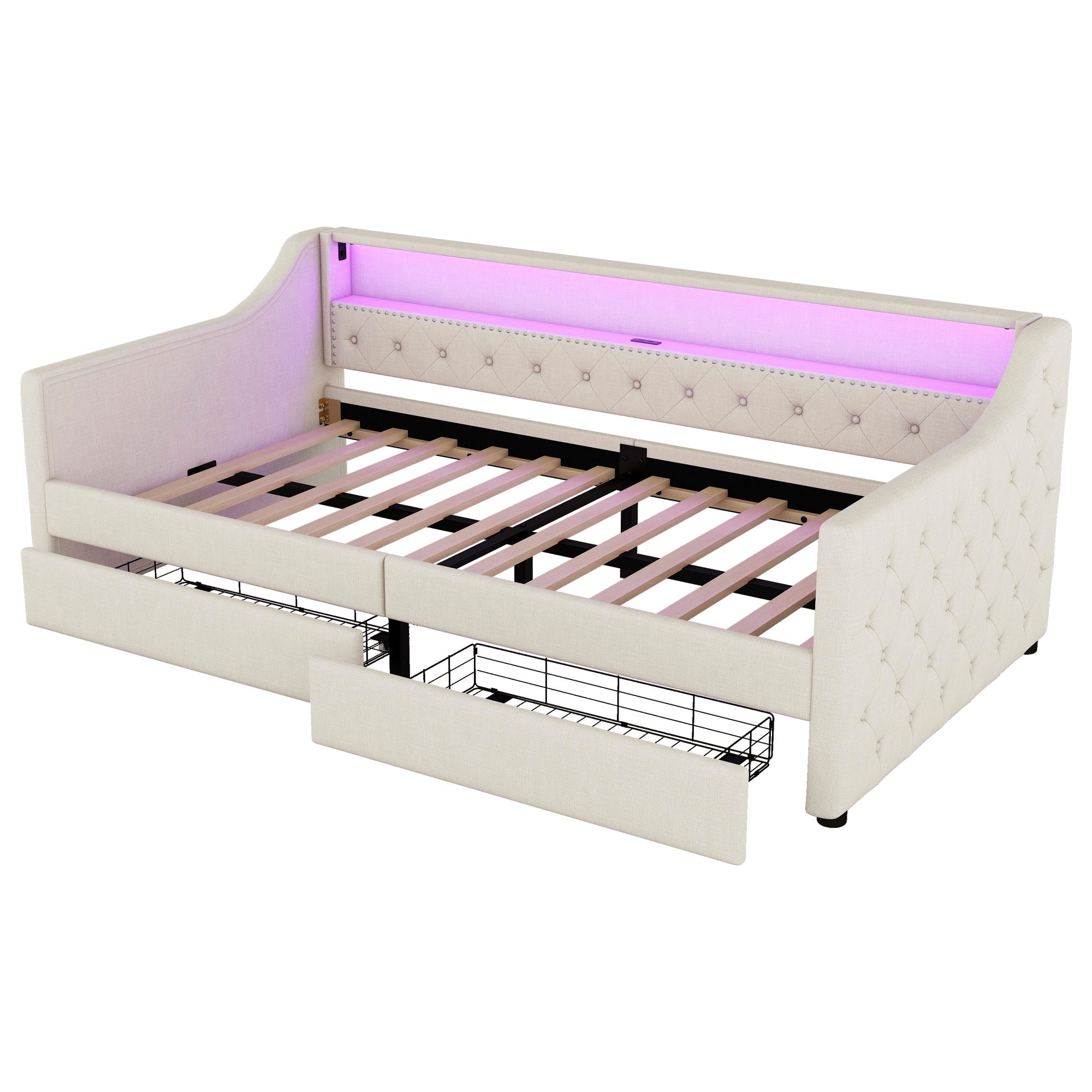 Daybed 90x200cm Ambient Light 2 Drawers USB - Linen Beige
