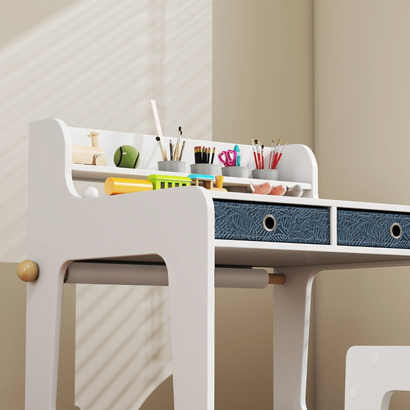 Art Table and Chair Set Kids Art Desk with Storage Shelf and Drawers, White MDF