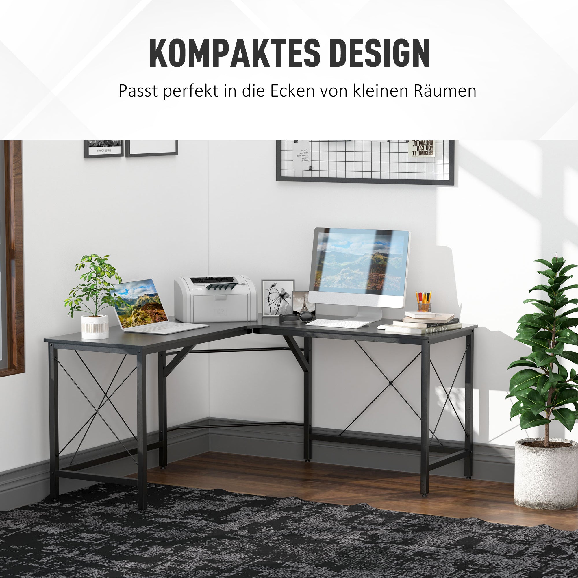 L-shaped Corner Computer Desk, 150x150x76cm Modern Office/Home Desk, Black MDF