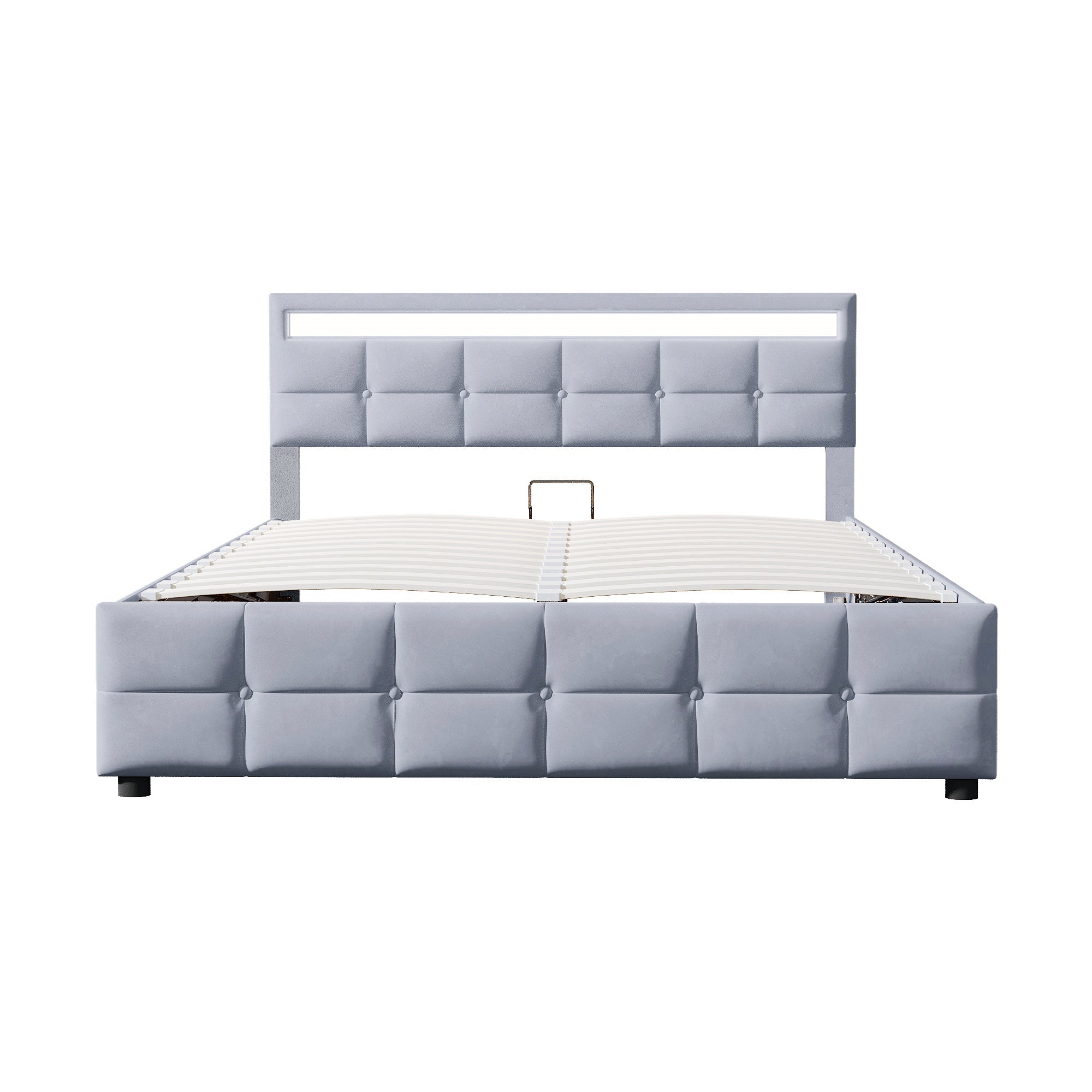 Upholstered Bed with LED Lights, Slatted Frame, Hydraulic, Dutch Velvet Fabric, Grey