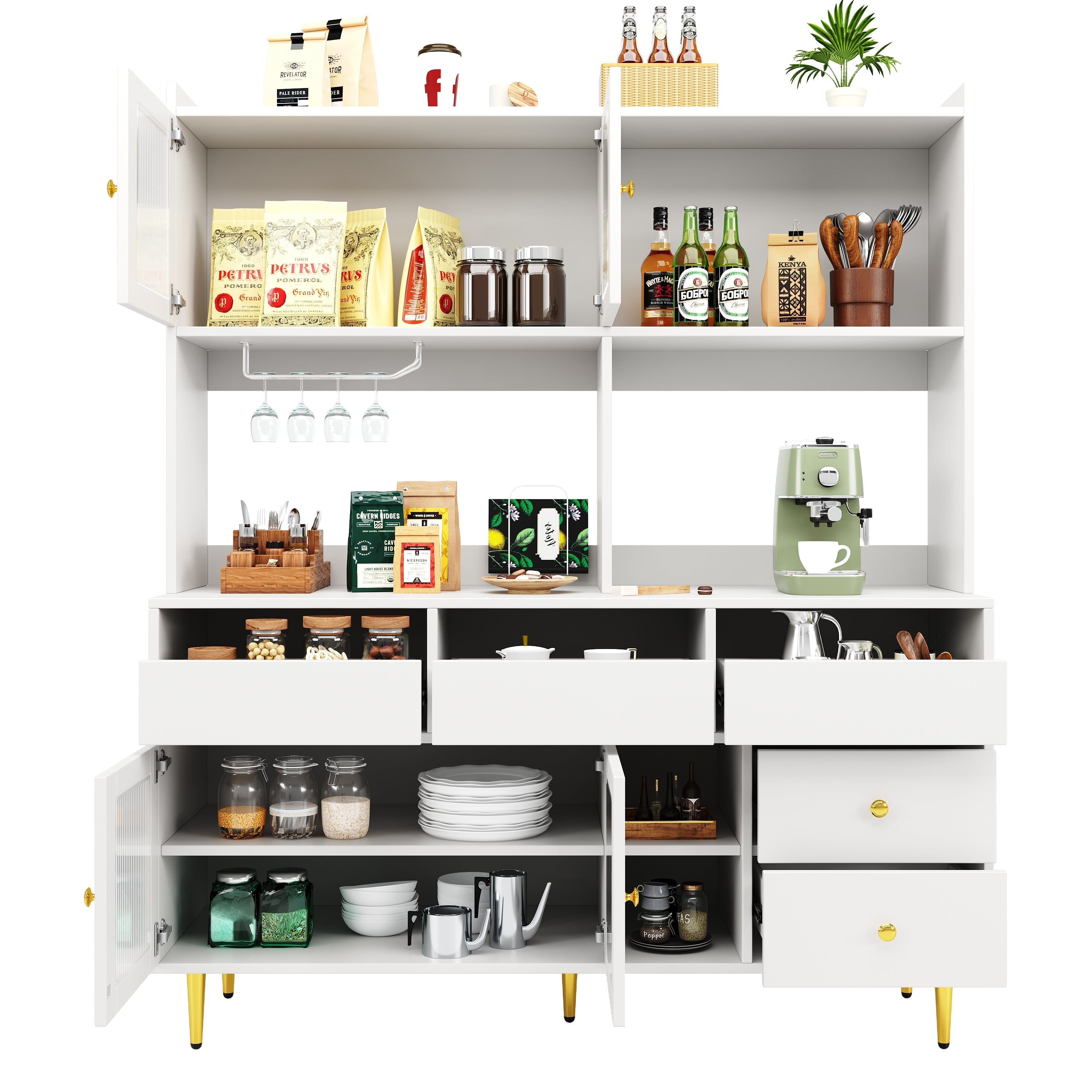 Dining Room Cabinet, Minimalist with Glass Doors & Wine Glass Shelves, White Gold Accents