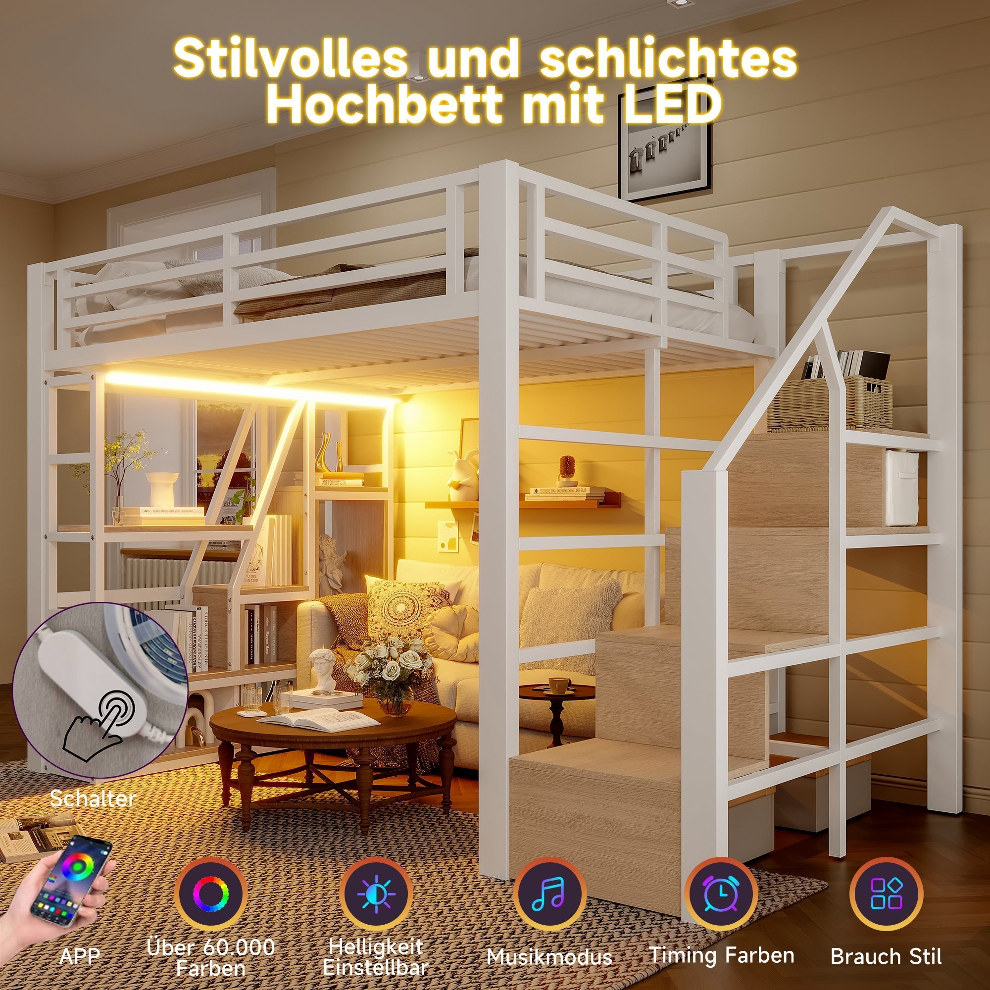 Loft Bed with LED, Storage Compartment and Integrated Steps, 140x200cm, White Iron Frame