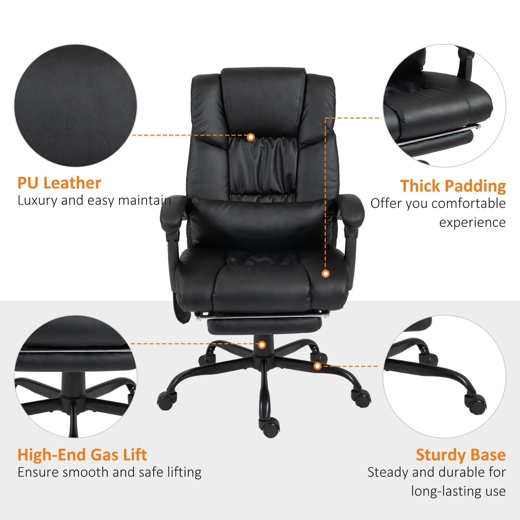 Office Chair, 6-Point Massage Adjustable Height Footrest, PU Leather Black
