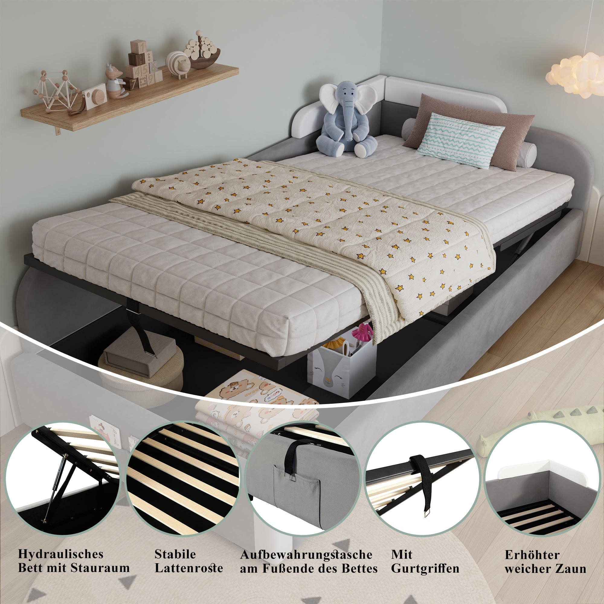 Upholstered Bed, Hydraulic with Storage, Velvet+Plywood Grey 90x200cm