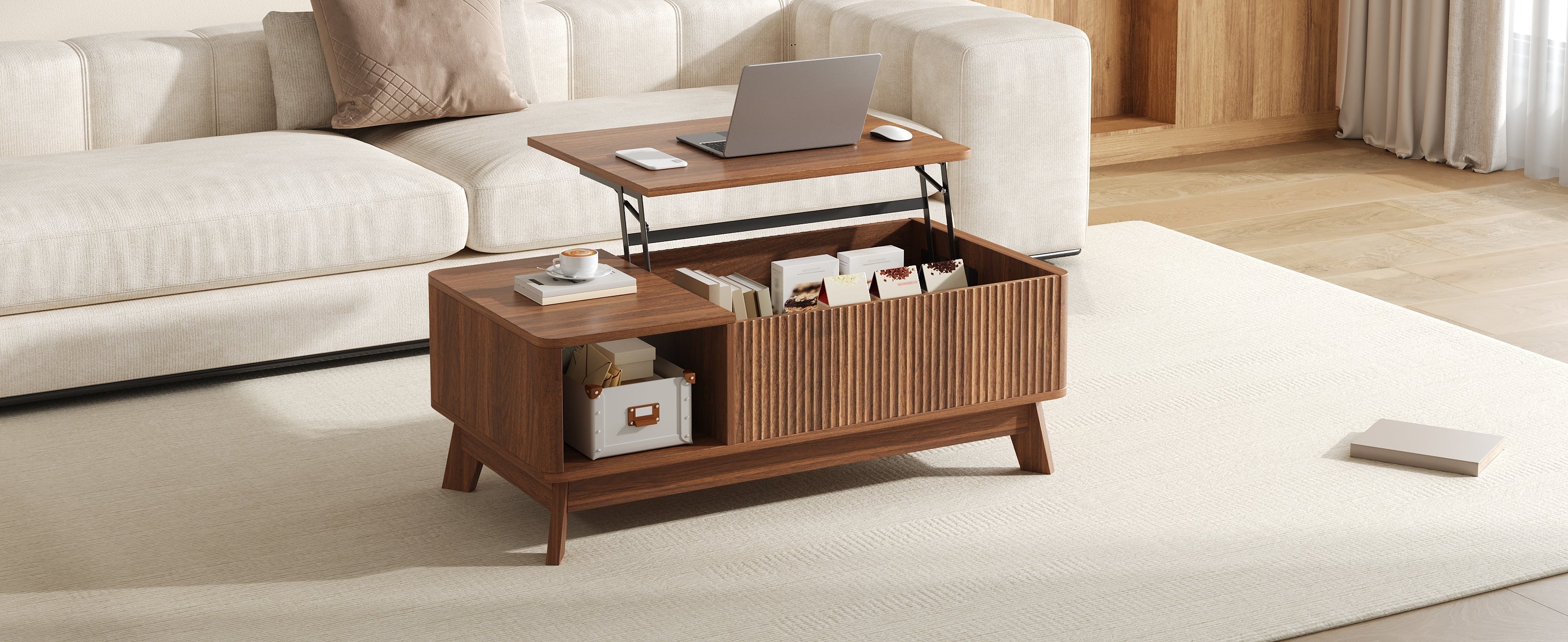 Coffee Table with Lifting Mechanism, Wave Design and Side Compartment, MDF Material