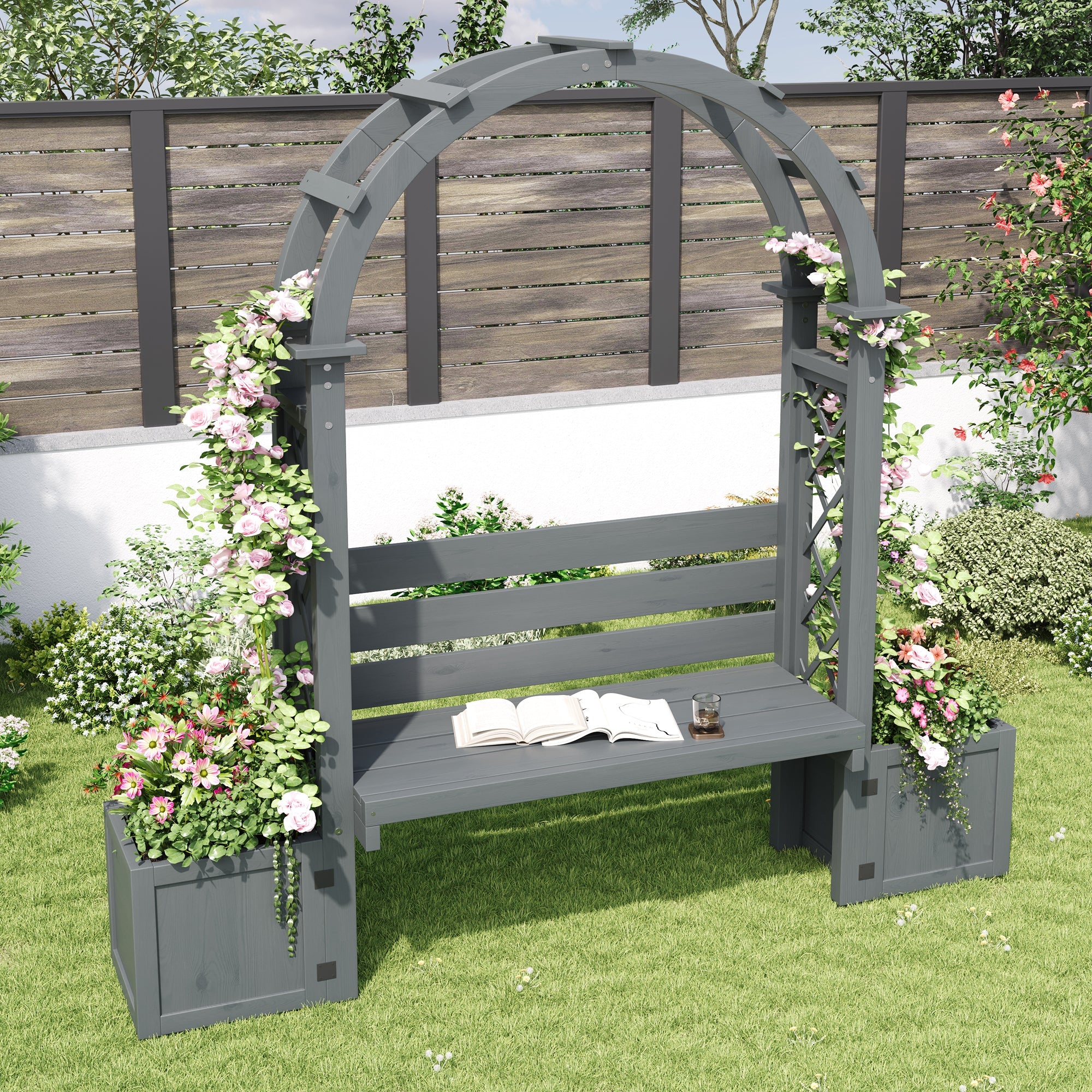 Planter with Trellis and Seating for Garden Yard and Patio, Wood