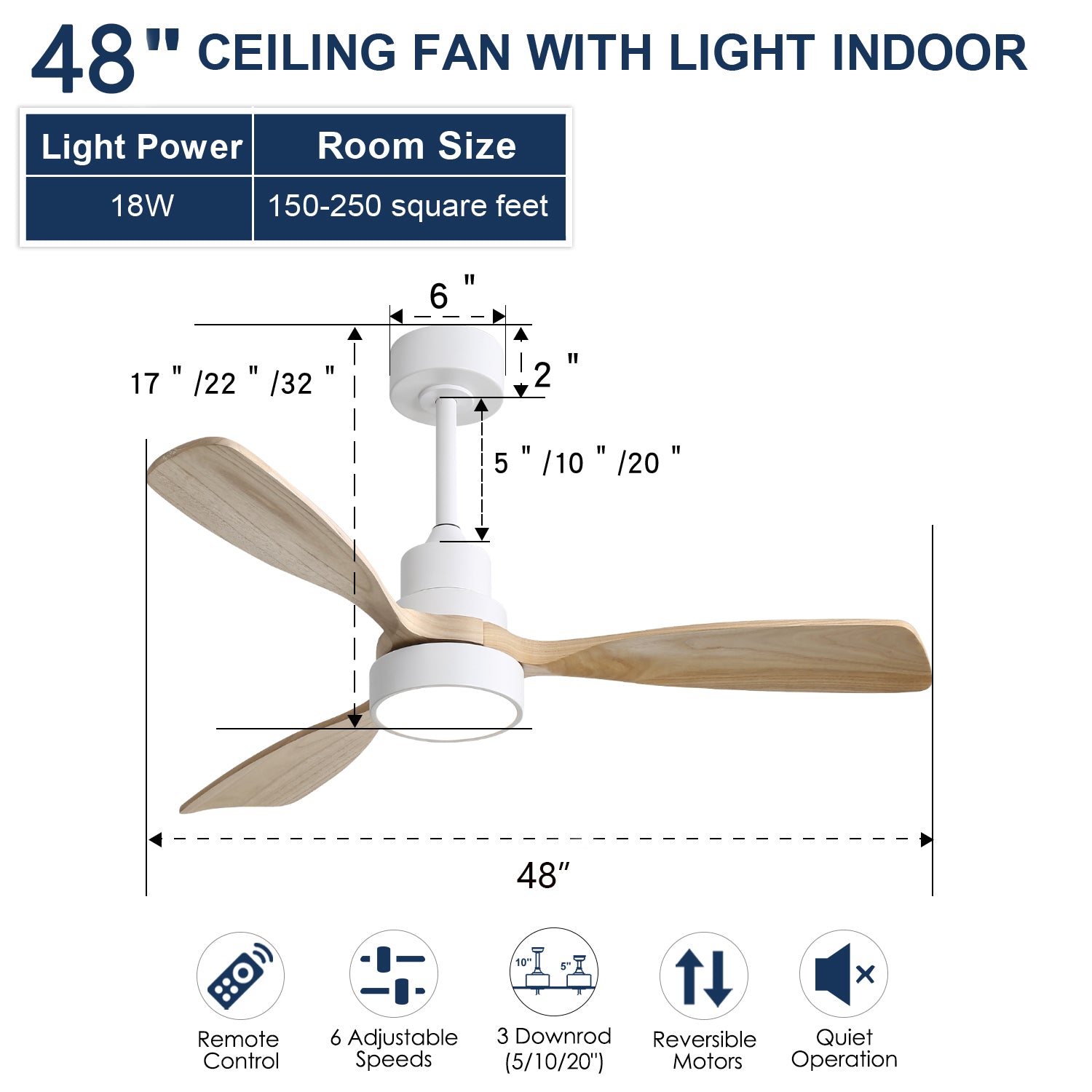 Ceiling Fan with Light 48 Inch LED Dimmable 3 Color Reversible Timer