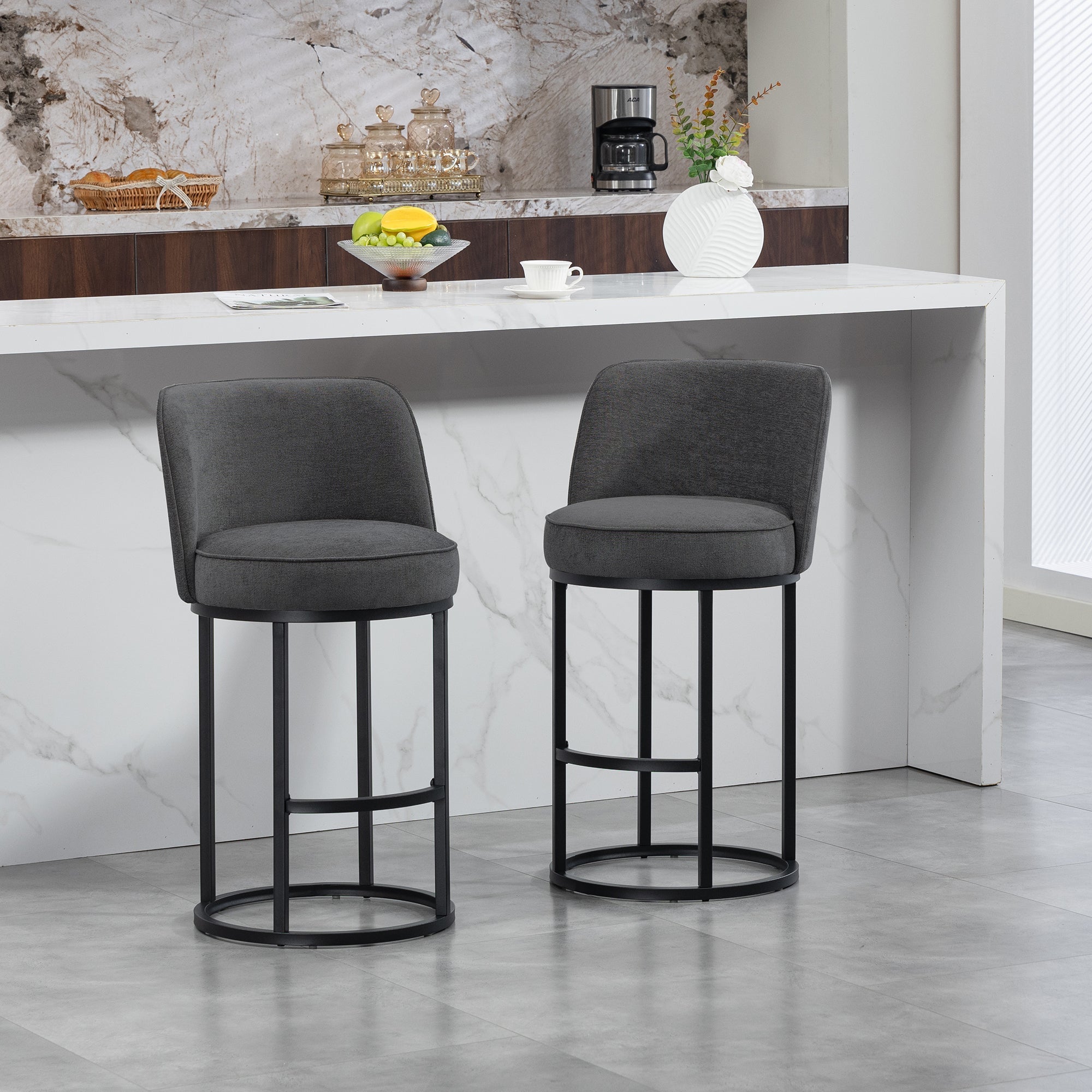 Modern Bar Stools Duo Set with Upholstered Seat and Metal Legs, Linen Upholstery