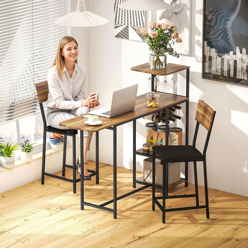 Bar Table with Stool Set, 3-Piece Folding Kitchen Table with Wine Rack, Steel Frame, Brown