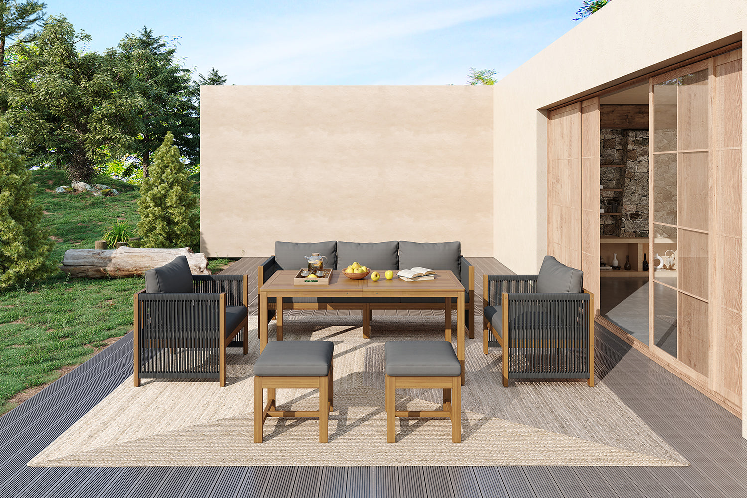 6-Piece Garden Furniture Set with Sofa, Stools and Acacia Tabletop, Grey