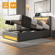 Upholstered Bed 90x190cm USB Charging LED Lighting Storage PU Lychee Grey