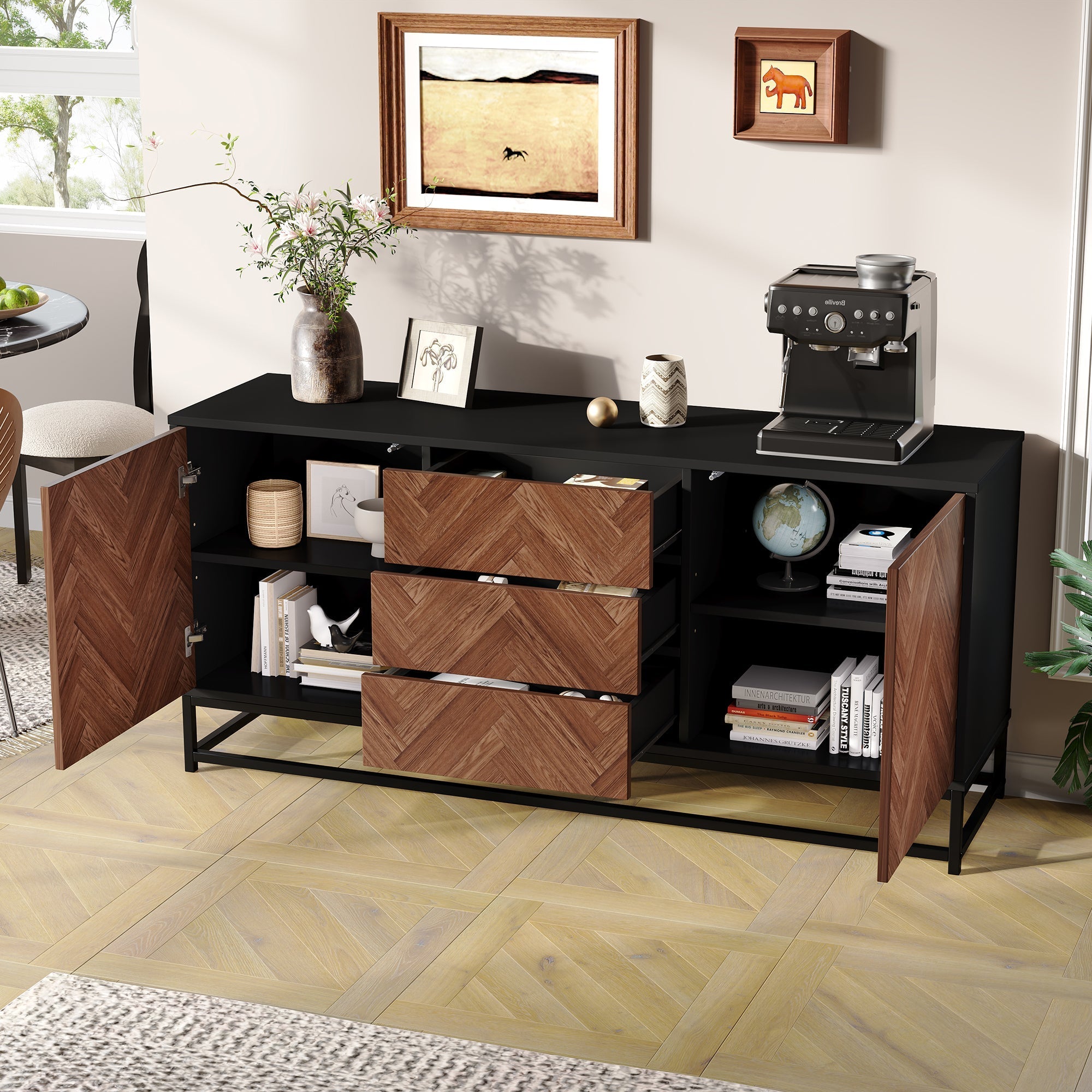 Living Room Sideboard 145cm 3 Drawers 2 Doors Adjustable Dividers - Wood/Black