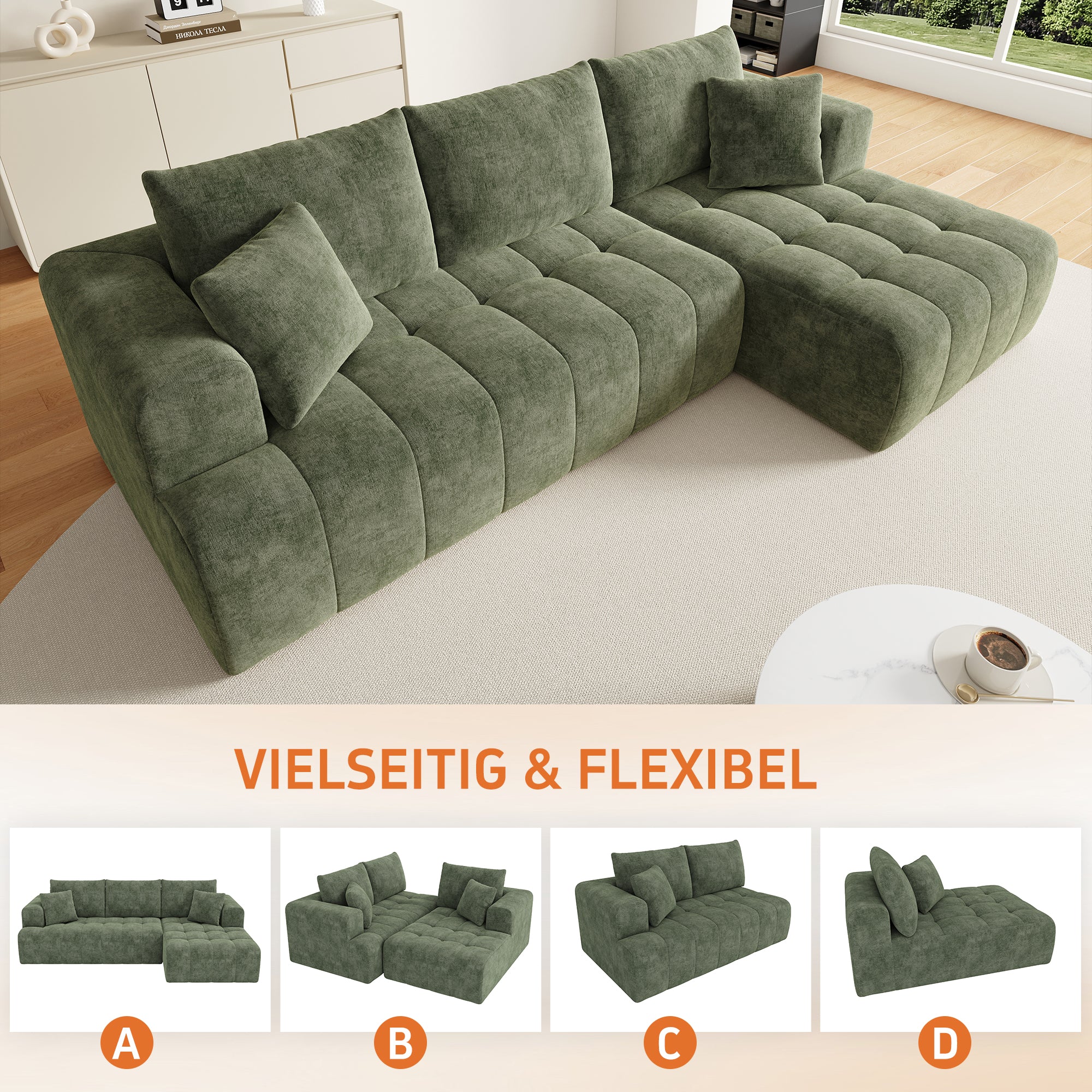 Modular L-shaped Cloud Sofa, Frameless Low-profile Design, Green Chenille Fabric