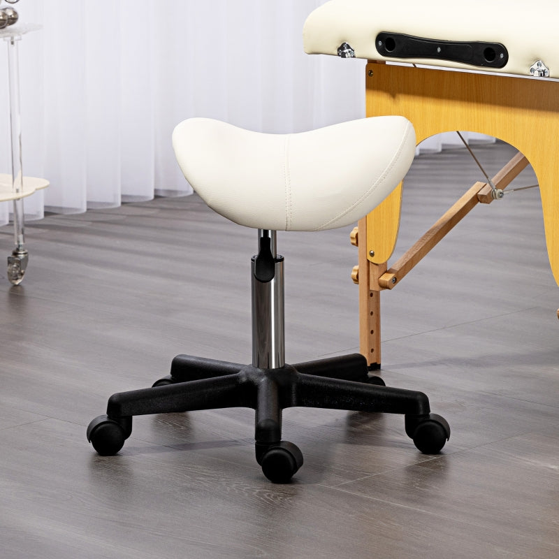 Saddle Stool Adjustable Rolling Salon Chair Steel Frame, PU Leather White