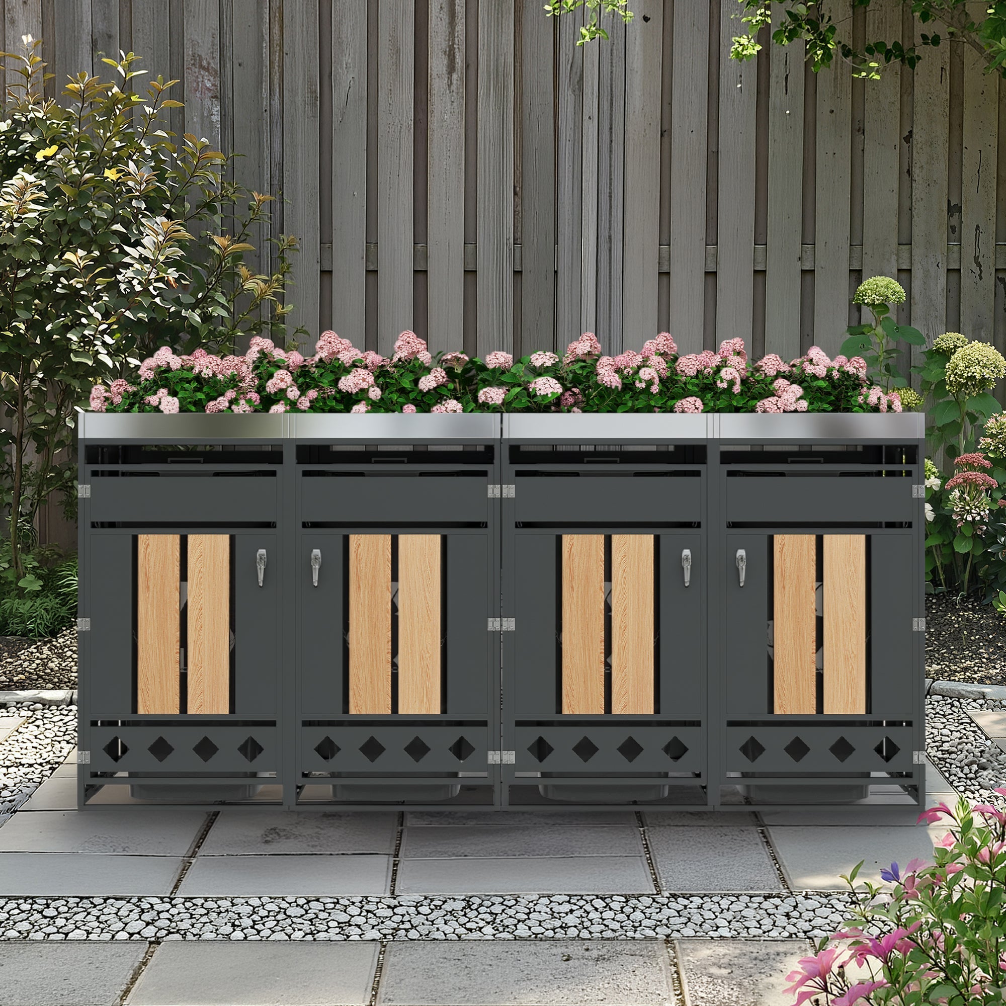 Garbage Can Enclosure with Four Doors, Diamond-Shaped Ventilation and Planting Area, Wood Grain Finish