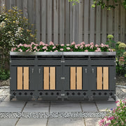 Garbage Can Enclosure with Four Doors, Diamond-Shaped Ventilation and Planting Area, Wood Grain Finish