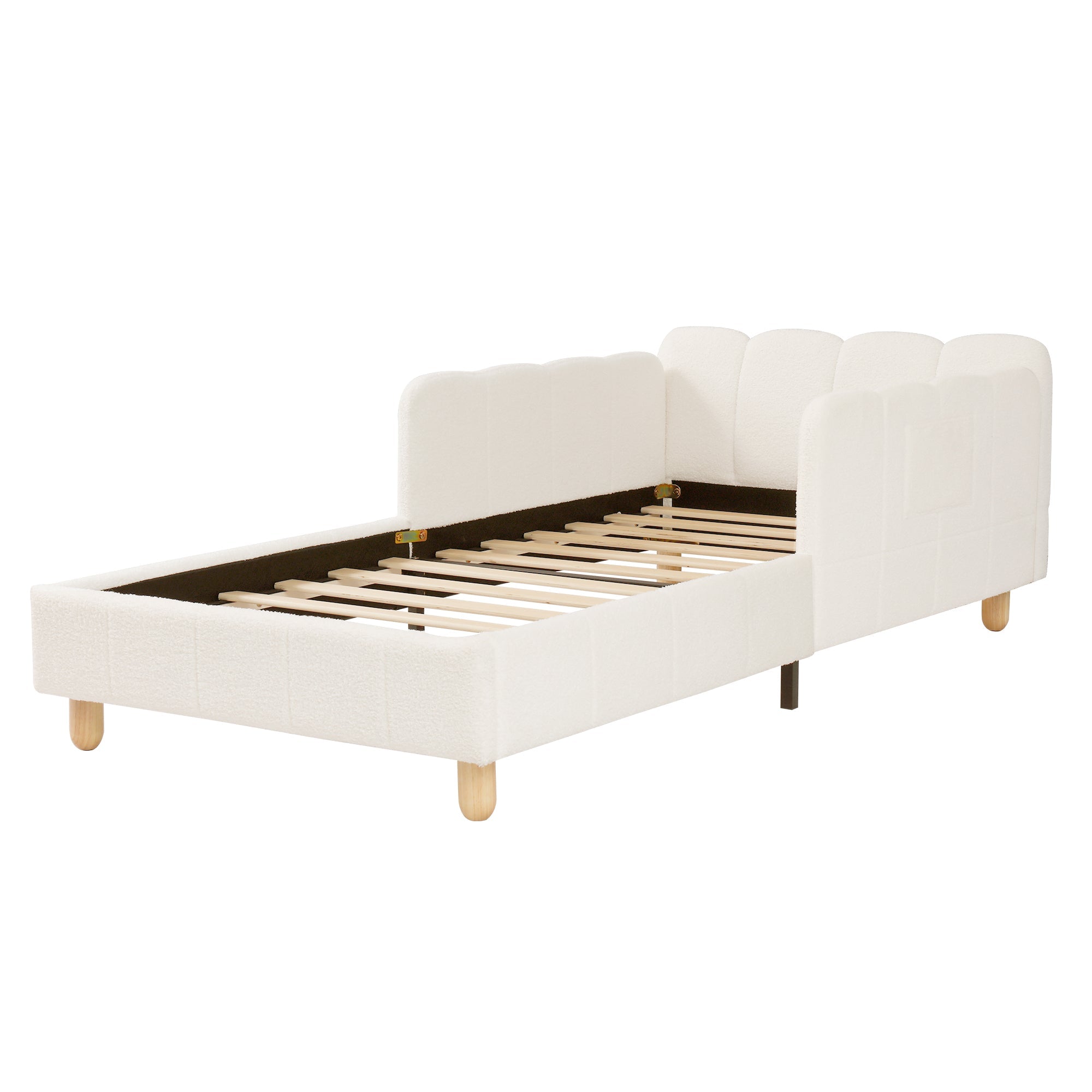 Upholstered Children's Bed, 90x200cm Single Bed with Safety Rail and Solid Wood Legs, Beige Bouclé