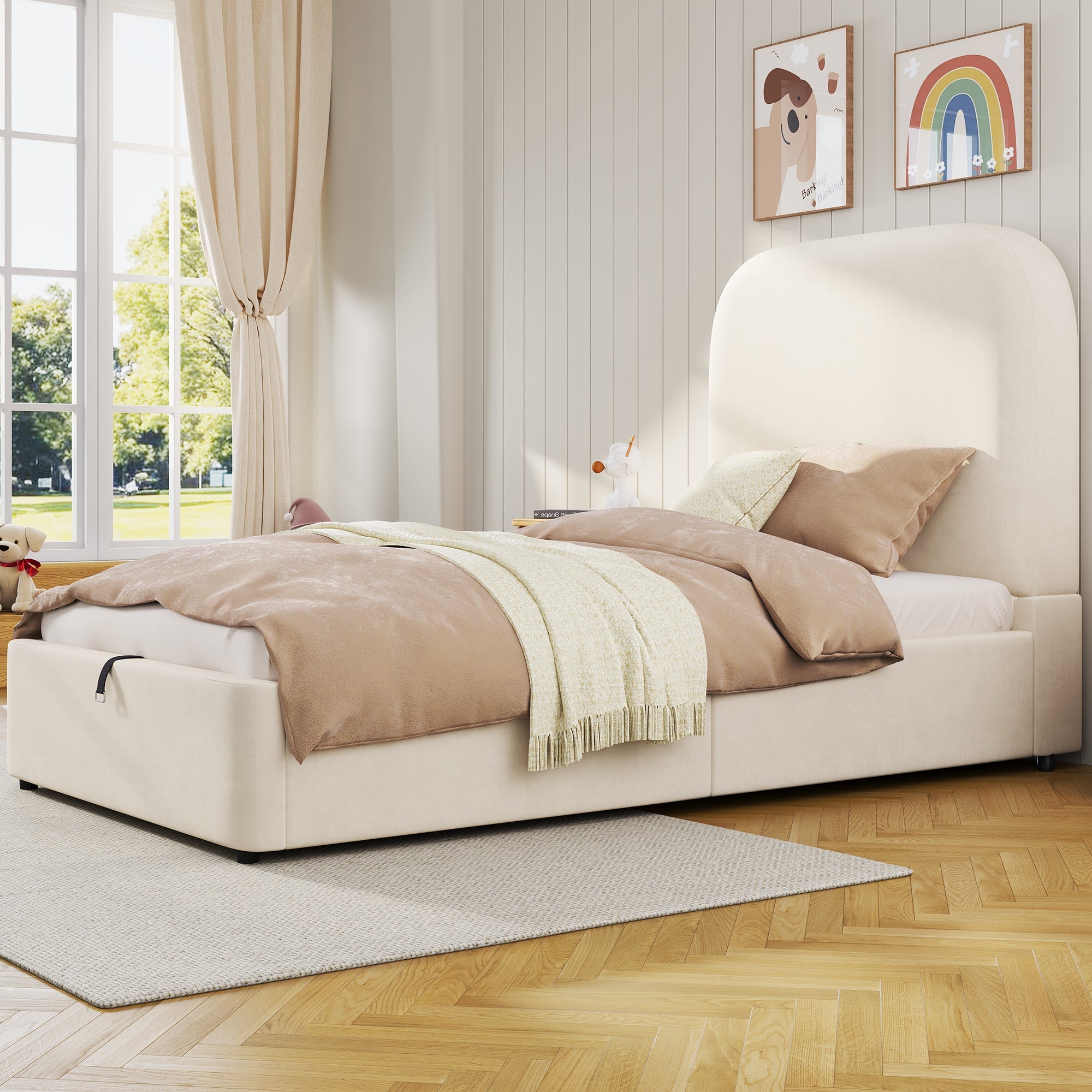 Upholstered Bed Single/Children's 90x200cm Hydraulic Storage with Padded Headboard, Velvet Beige