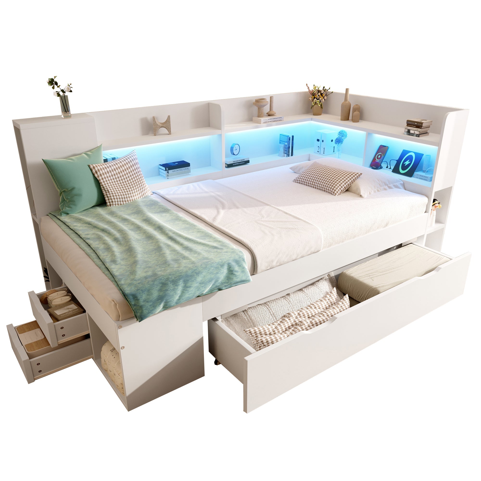 Daybed with LED, Charging Station and Storage, 90x200cm, White Wood-based Material