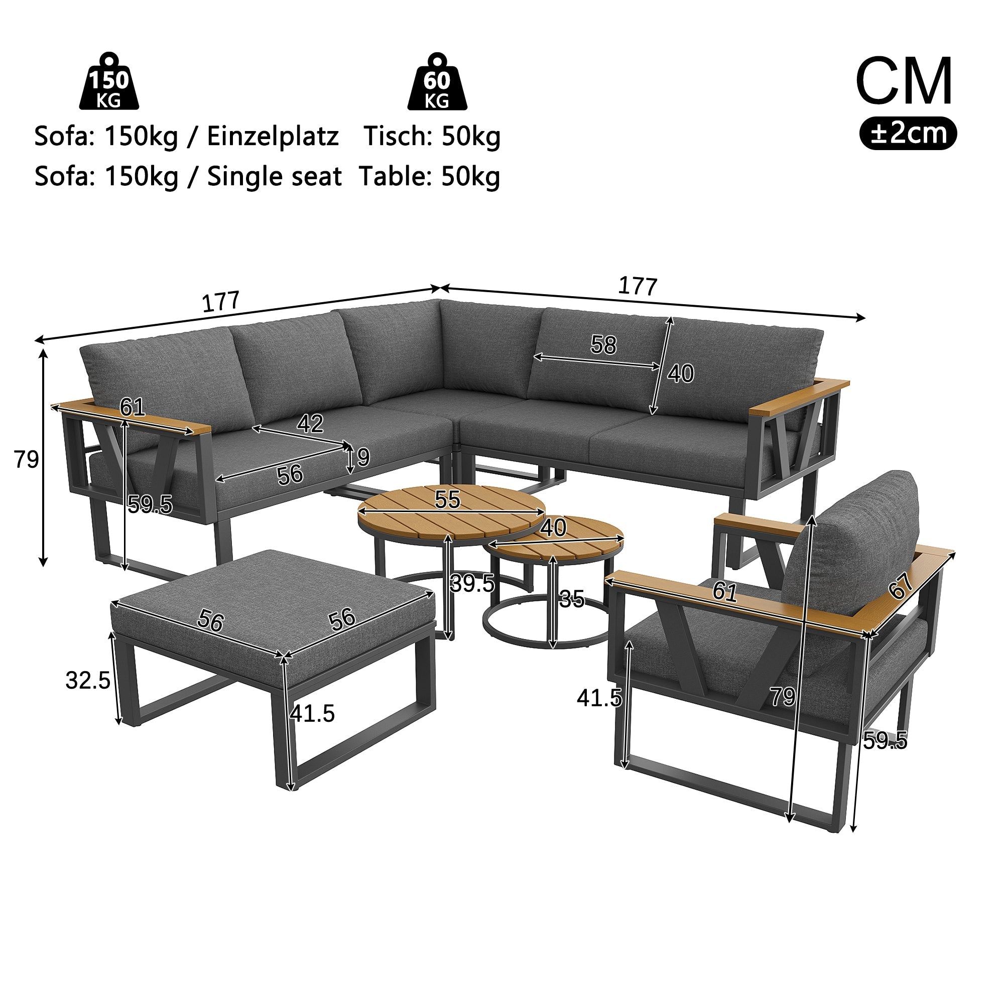 Modular Outdoor Seating Set with 9cm Cushions and 2 Wooden Tables, Grey/Beige
