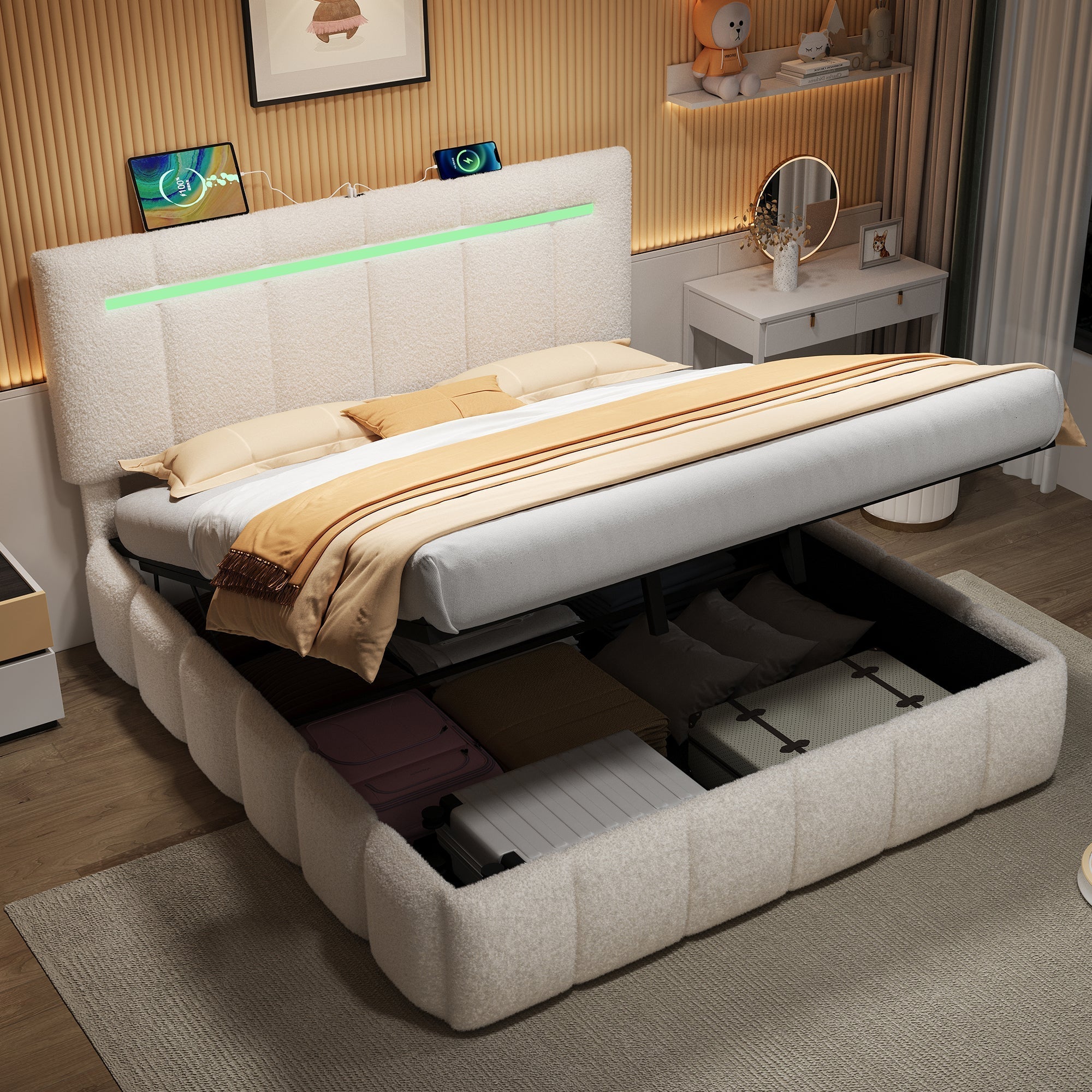 5ft King Upholstered Bed Frame with Hydraulic Storage, LED Adjustable Headboard, Boucle Fabric Beige