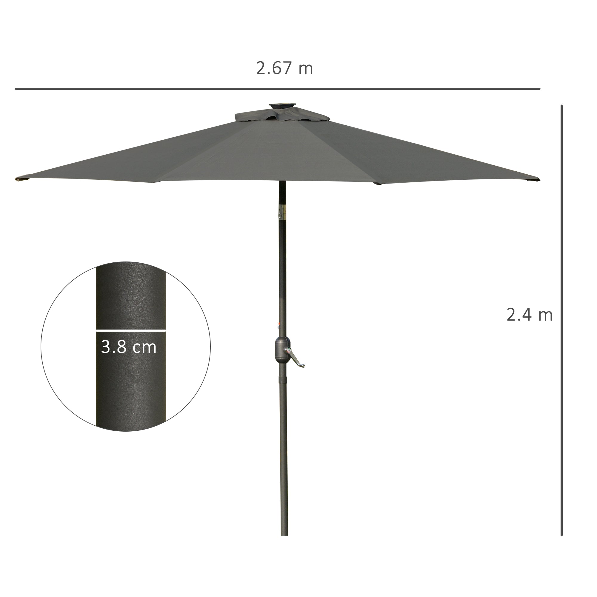 2.7m Patio Umbrella Parasol with Tilt Crank and 24 LED Lights - Grey