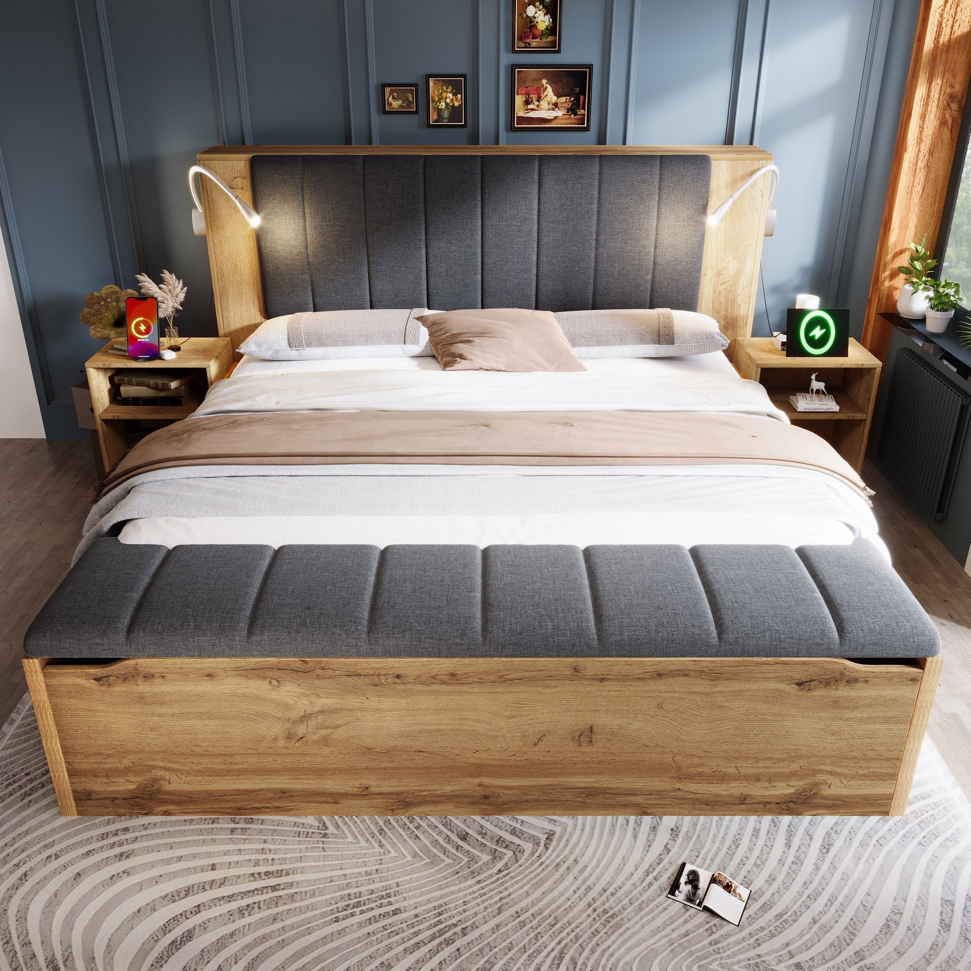 Double Bed 180x200cm with Fold-Down Headboard, Storage, Nightstands, Bed Bench and USB Lamps, Oak Color