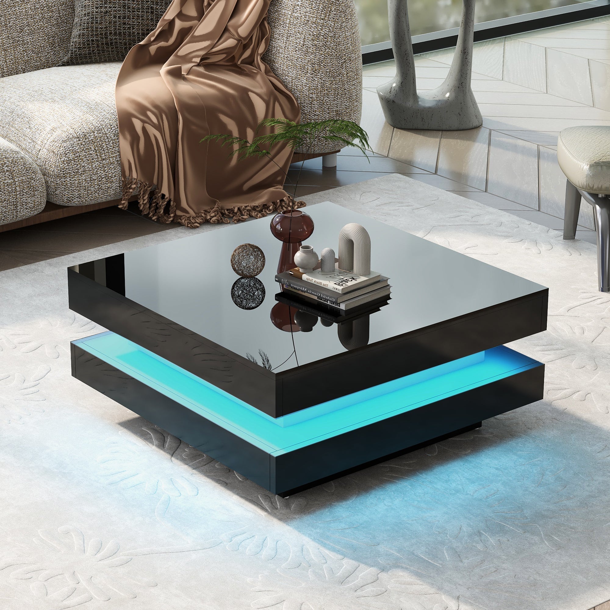 Square Coffee Table Rotating Top 16 LED Lights - High-Gloss Black