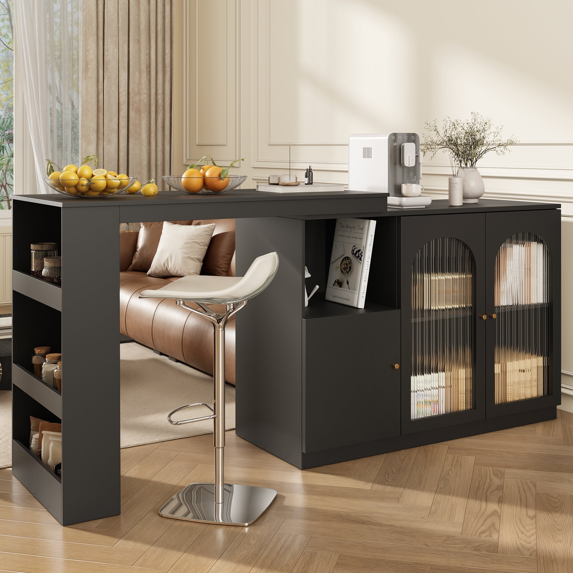 360° Rotating Bar Table with Dining & Bar Cabinet, Multifunctional Storage & Glass Door, Black