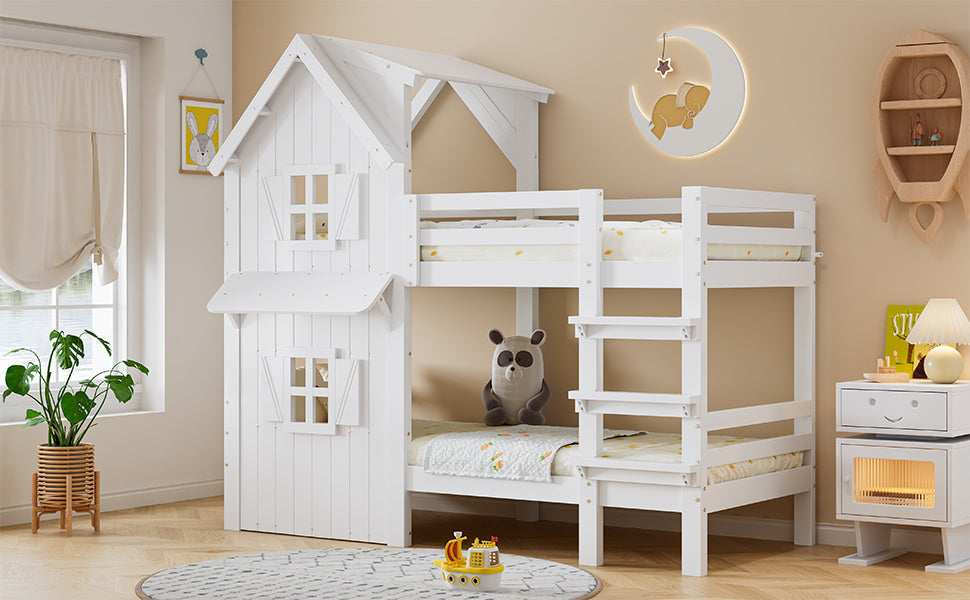 Bunk Bed Kids House, Safety Rails Ladder Slatted Base, Pine/MDF/Plywood White 90x200cm