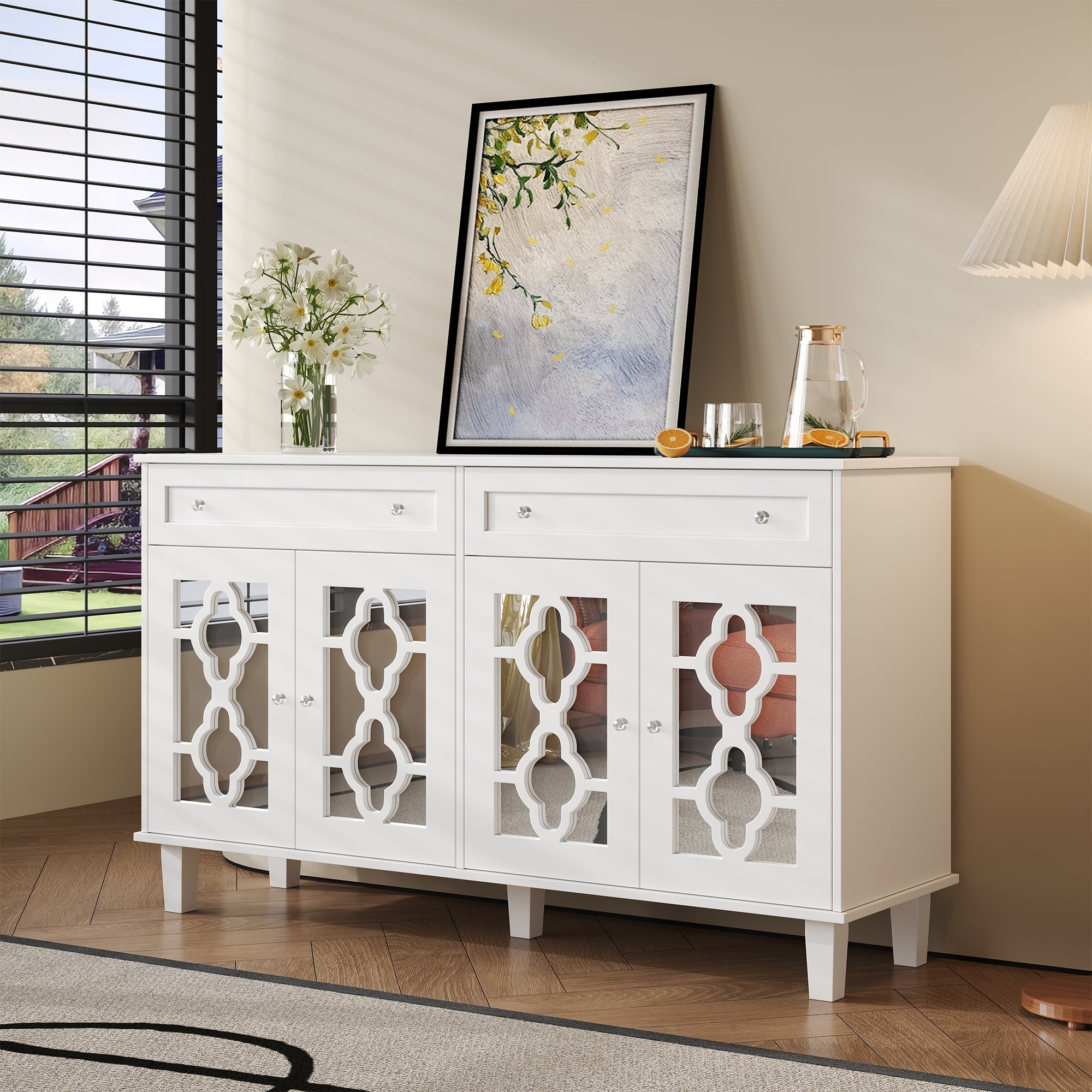 Sideboard Mirrored Doors Drawers Adjustable Shelves, Crystal Handles