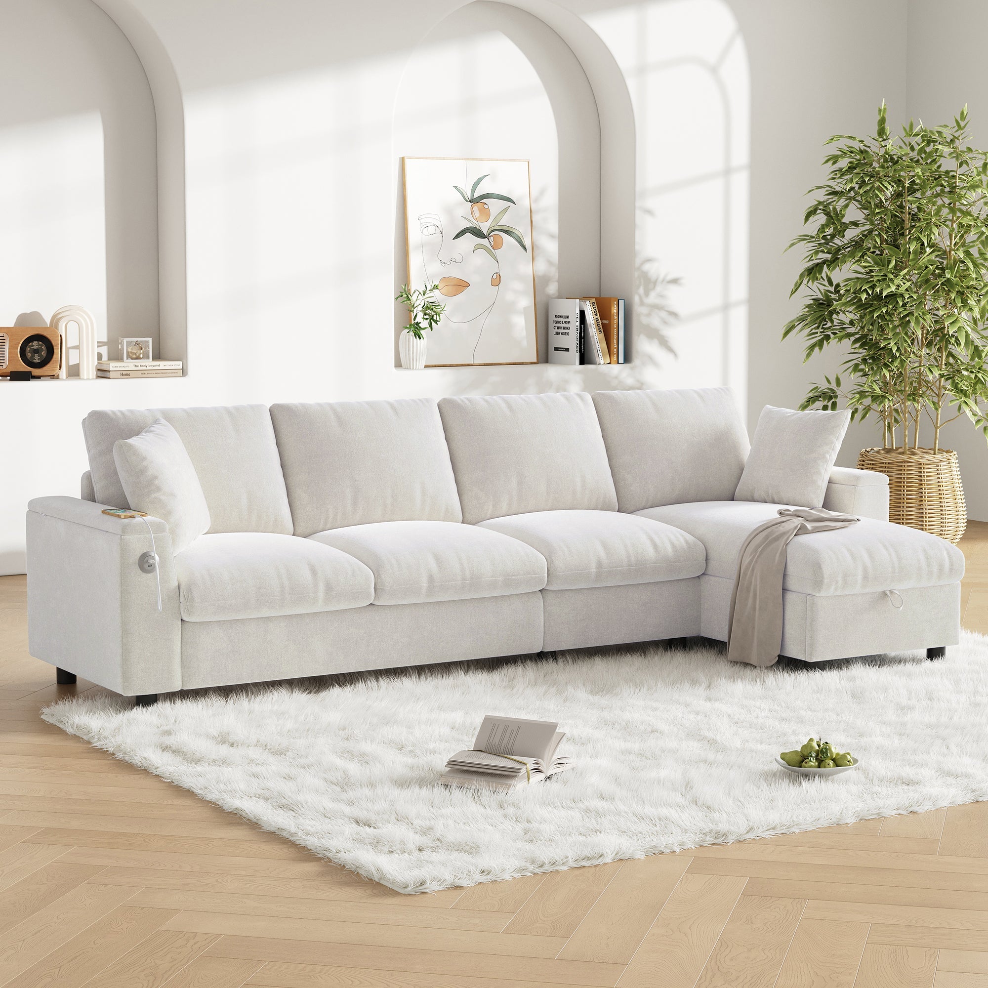 Chenille L-Shape Sofa Reversible Storage Armrests Fold-Out Table USB/Type-C - Beige