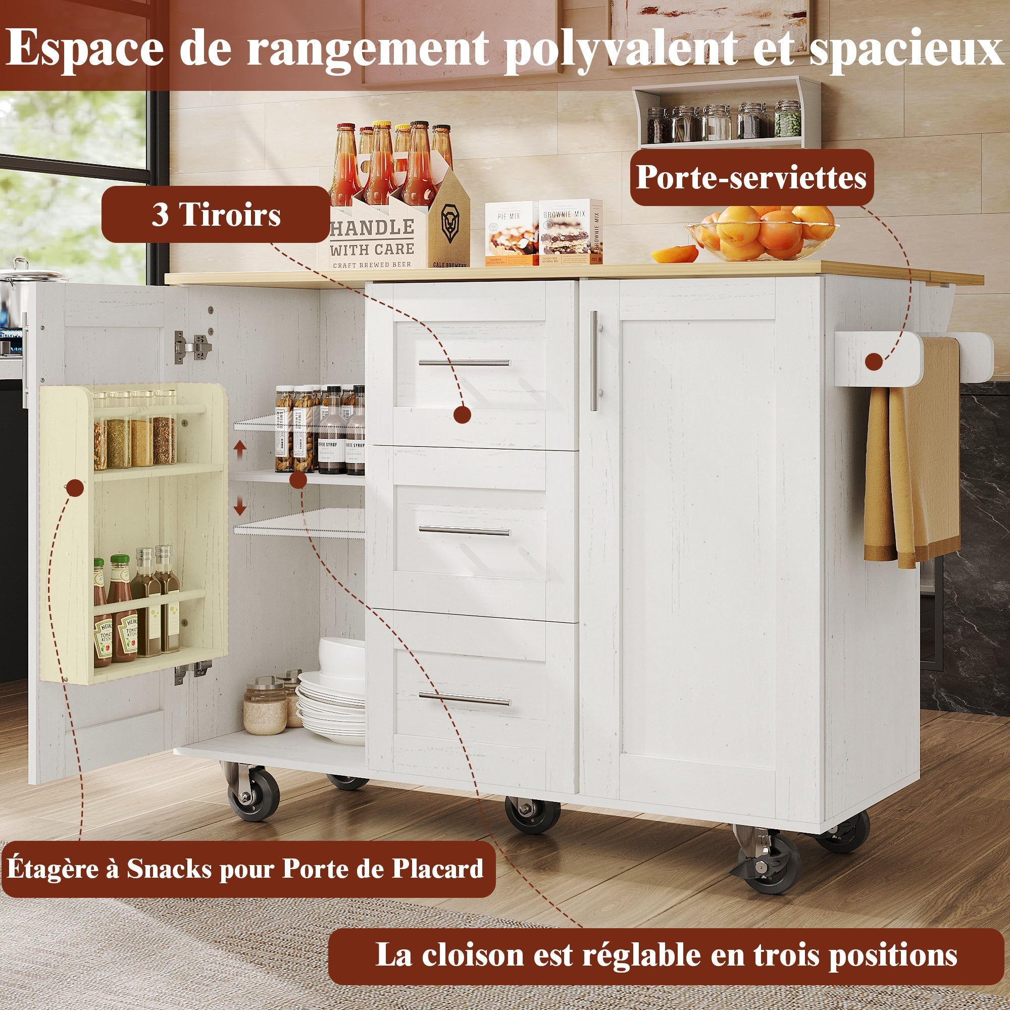 Kitchen Island Mobile Worktop Storage Removable Partitions - White