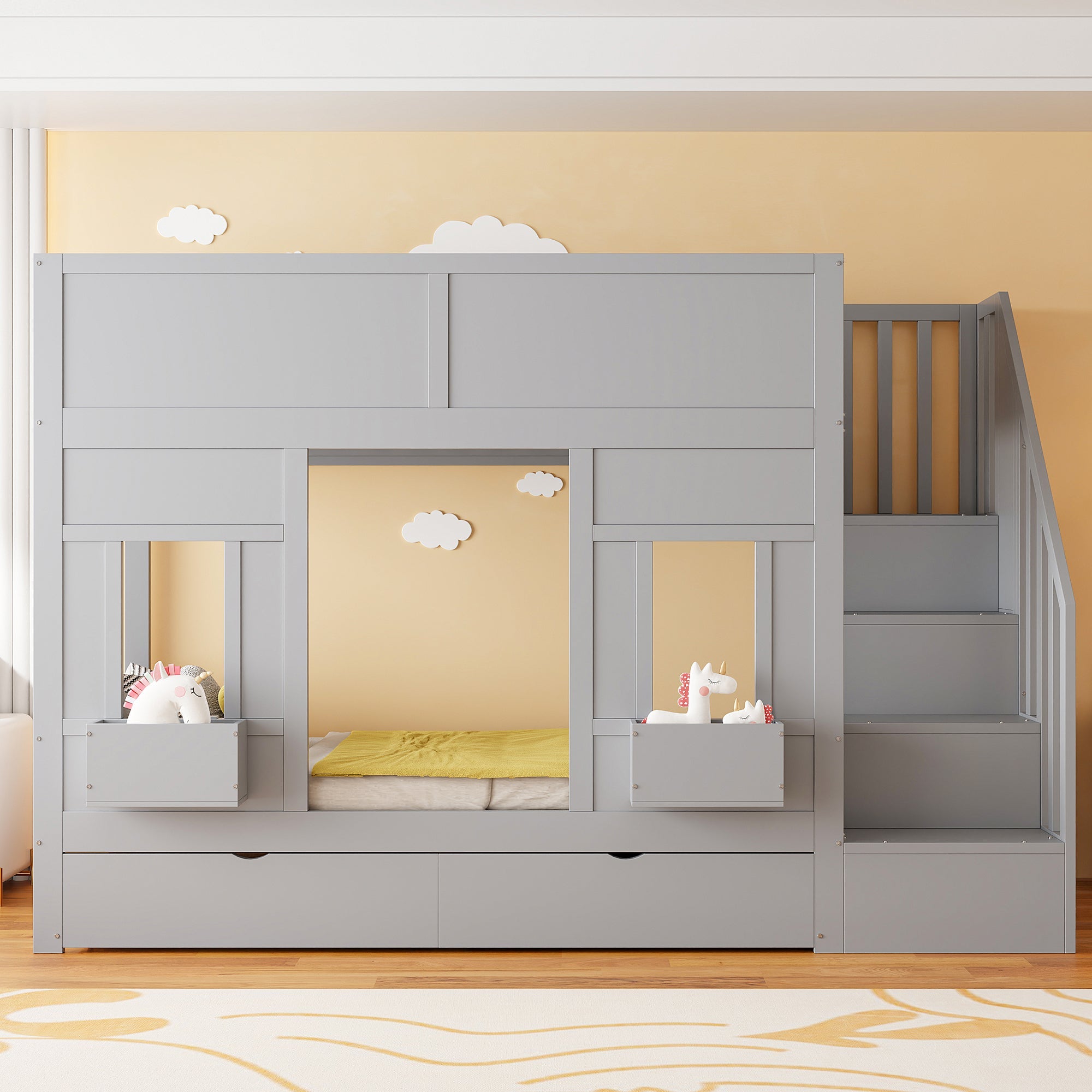 Bunk Bed with Storage Stairs, Drawers, Windows and Safety Railing, 90x200cm, Wood