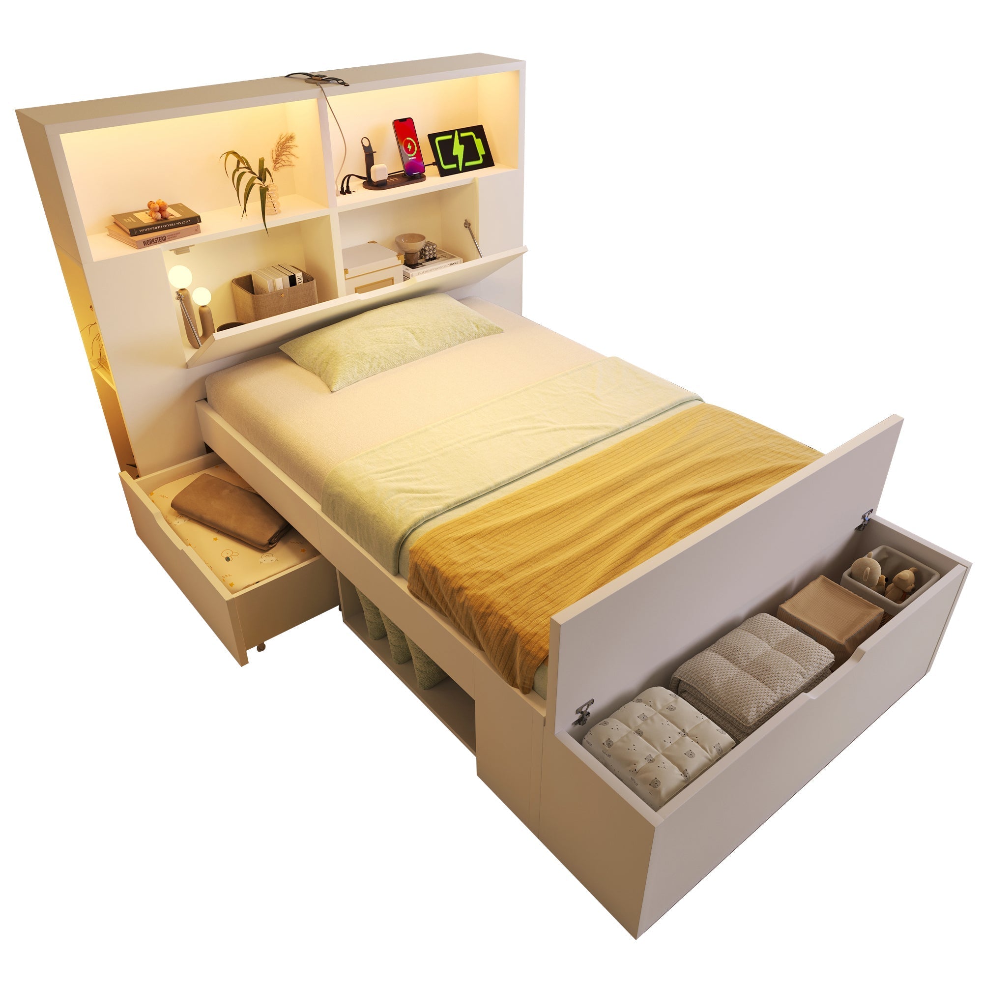 Wooden Single Bed 90x200cm Storage LED USB Drawers Shelves - White Wood