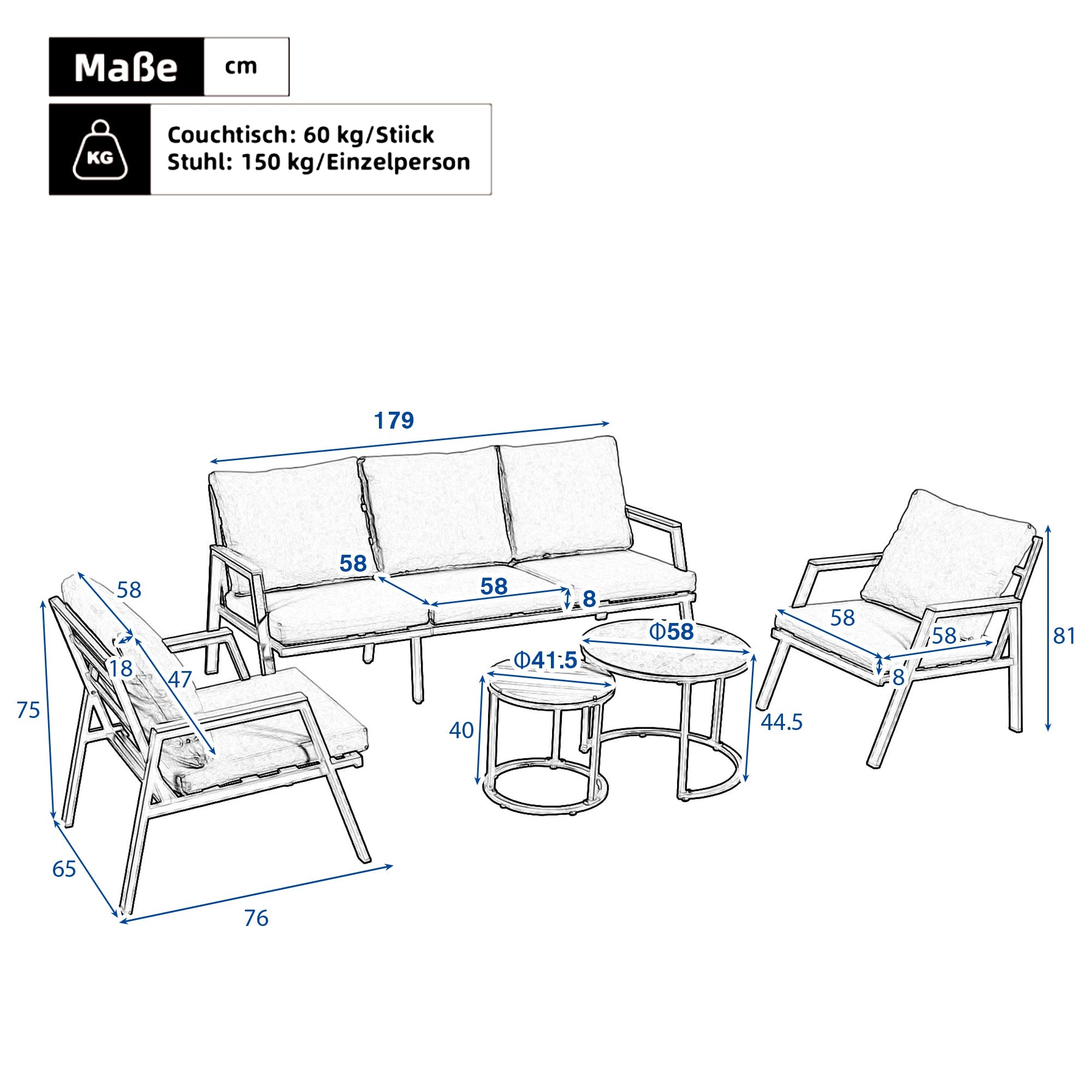Garden Lounge Set with 3-Seater Sofa, 2 Armchairs and 2 Coffee Tables, Grey Wood and Steel