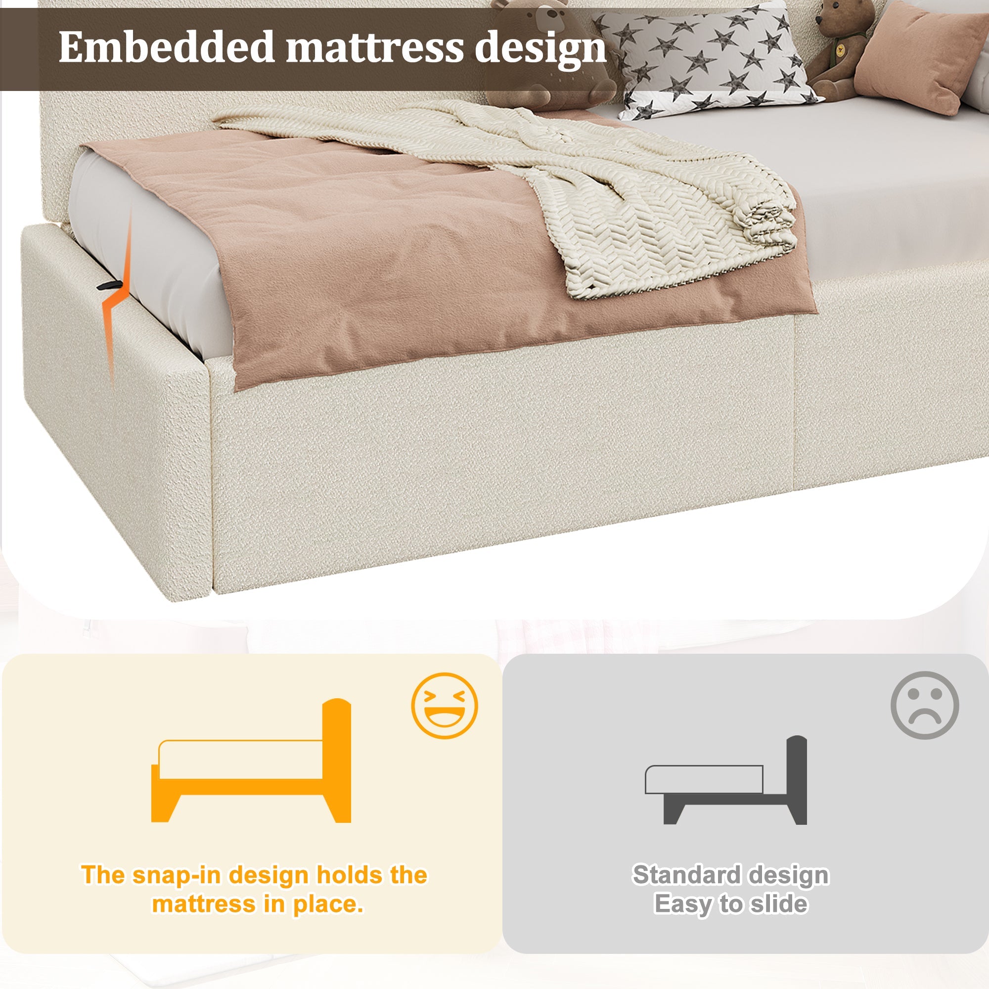 Daybed with Hydraulic Storage, USB Port and Reading Lamp, 90x200cm, Beige Boucle