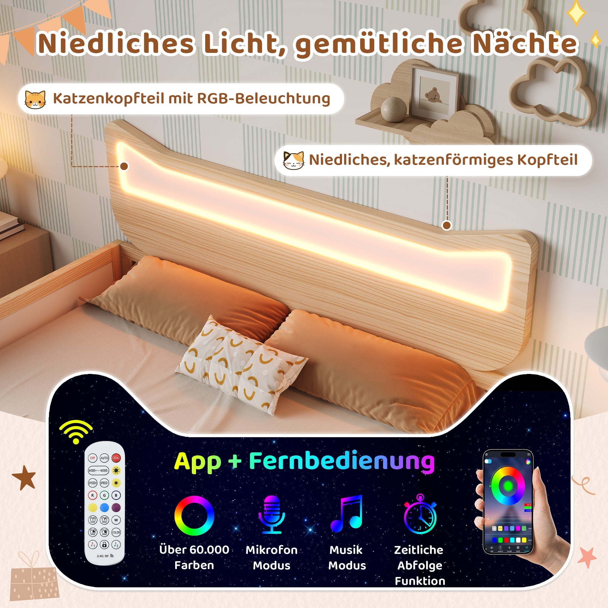 Children's Bed with Cat Ear Headboard, RGB LED Lighting, Drawer and Safety Rails, 90x200cm, White and Oak